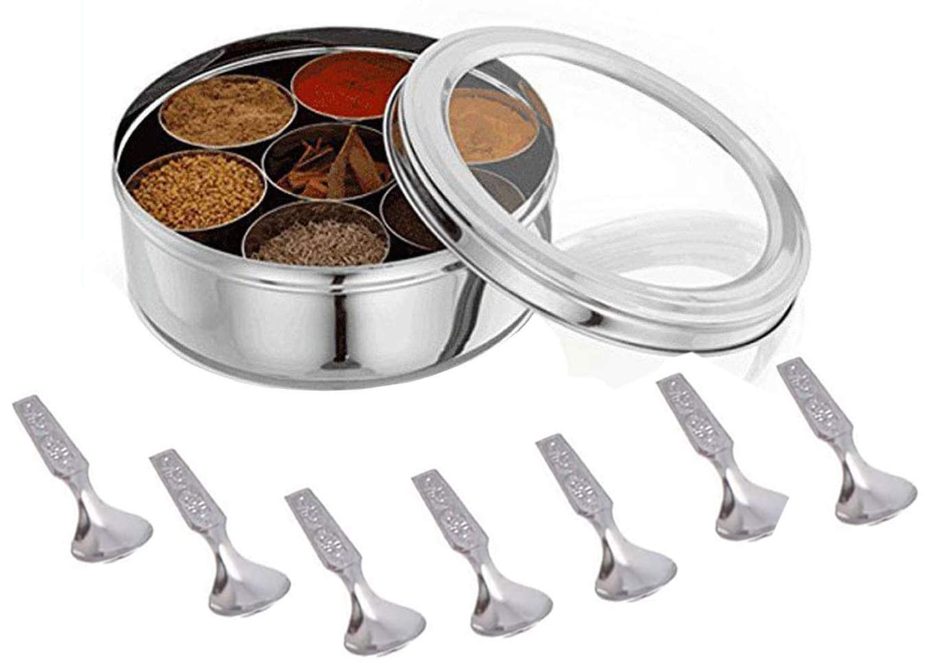 Premium Stainless Steel Spice Box Set with 7 Non-Breakable Transparent Glass Containers & 7 Mini Spoons - 12
