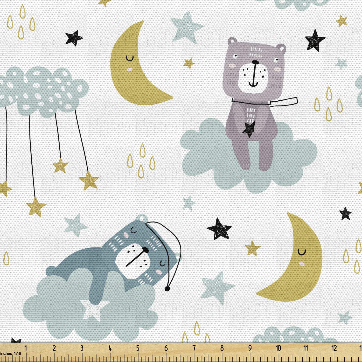 Ambesonne Scandinavian Style Cartoon Fabric by The Yard - Bears on Clouds Moon Stars Print, Decorative Upholstery Fabric for Sofa, Curtains & Home Decor, 10 Yards, Multicolor - Perfect for Nursery, Kids Room & DIY Craft Projects