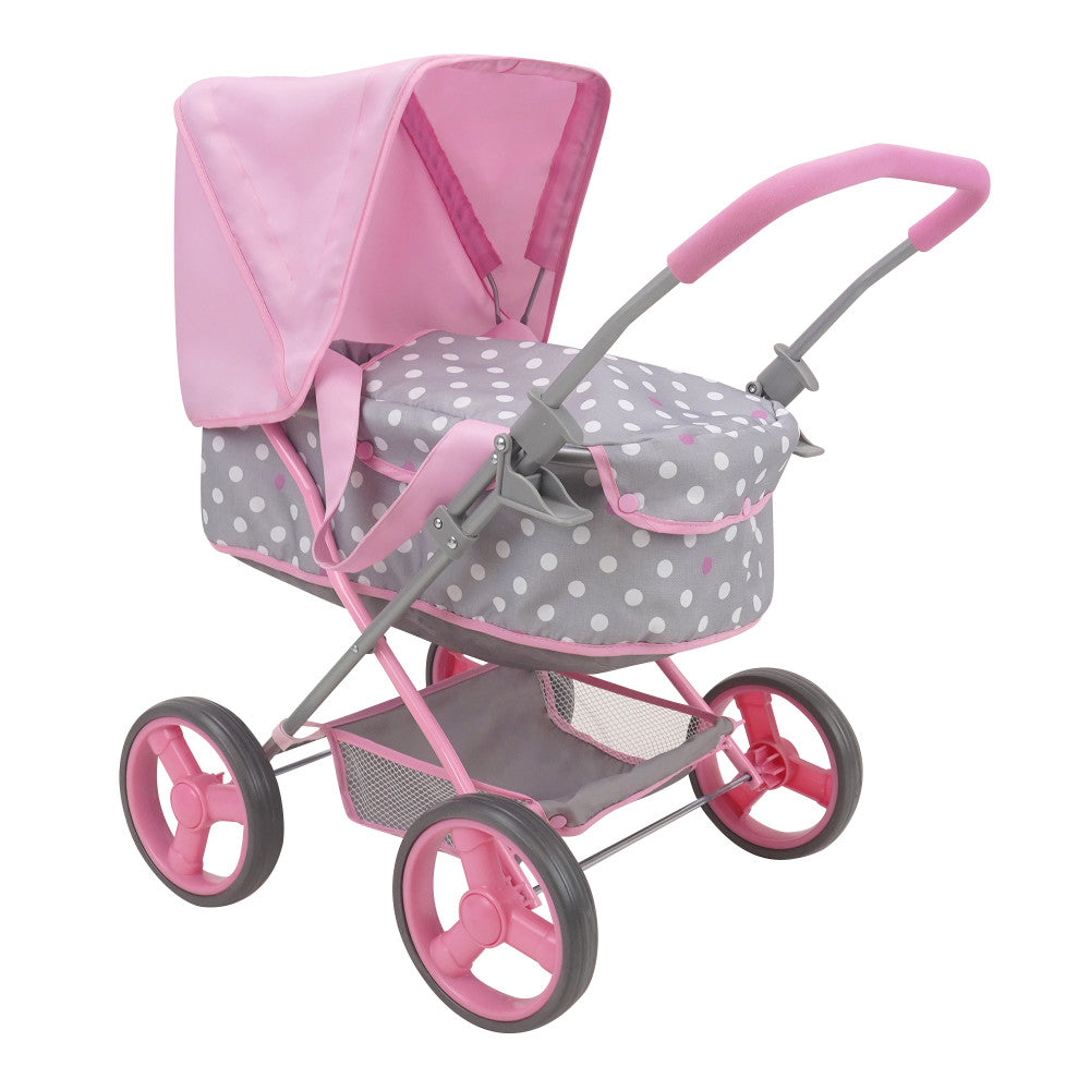 509 Crew Cotton Candy Pink Doll Pram with Polka Dot Design - Baby Stroller for Girls, Toddler Pushchair with Canopy - Perfect for Pretend Play, Outdoor Walks & Role-Playing Games