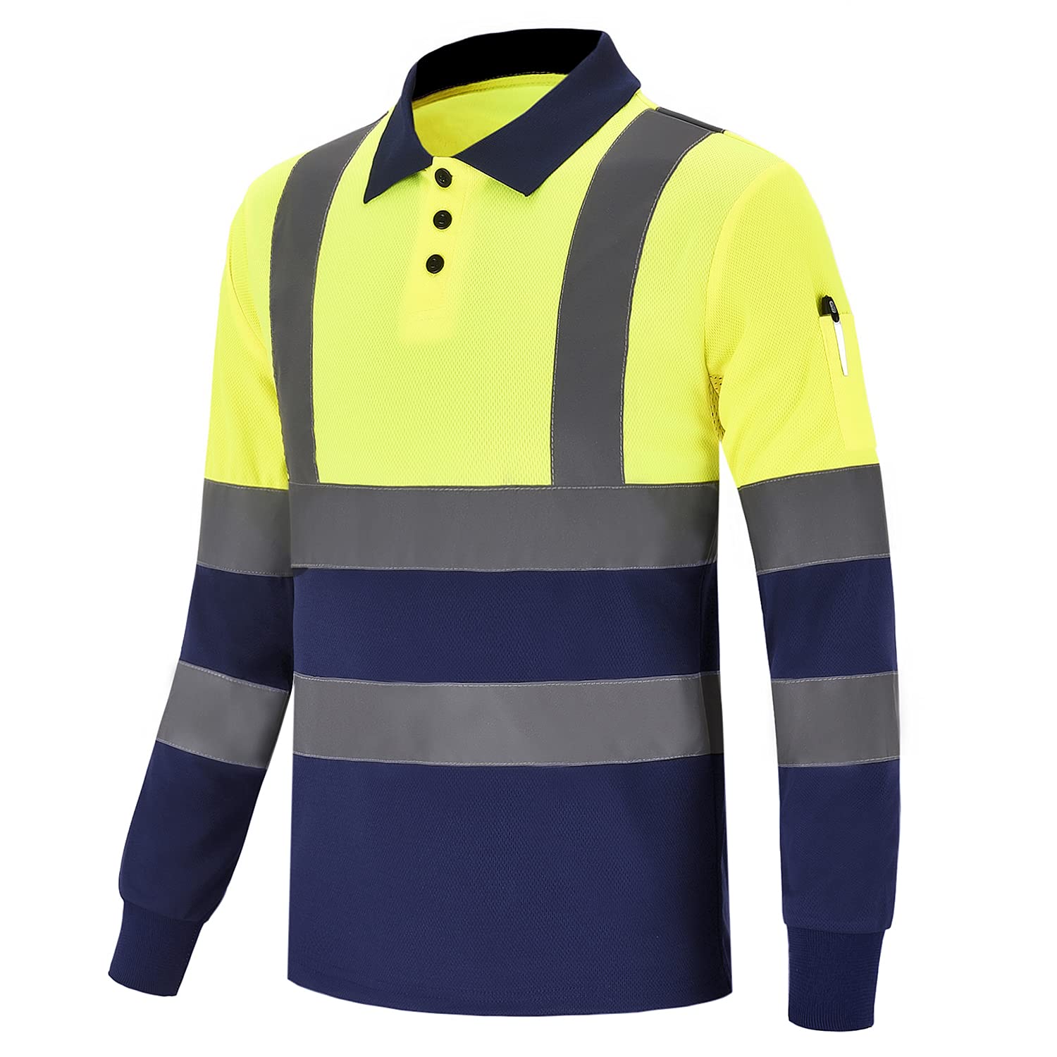 High Visibility Safety Polo Shirt with Custom Logo - Long Sleeve Reflective Workwear for Construction, Road Crew & Outdoor Jobs