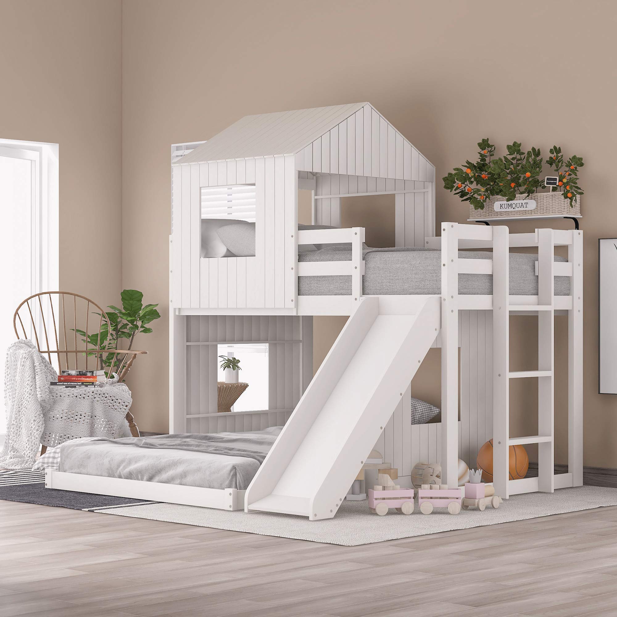 Twin Over Full Bunk Bed with Playhouse - Solid Wood Farmhouse Style Kids Bunk Bed with Ladder & Safety Guardrails for Boys & Girls - Perfect for Shared Bedrooms, Kids Rooms & Small Spaces
