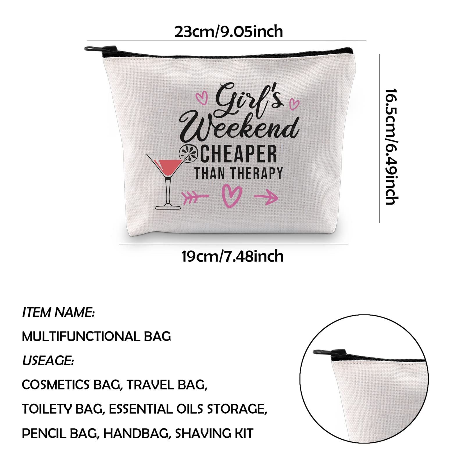 WCGXKO Premium Zipper Pouch Makeup Bag - Perfect Weekend Travel Organizer & Thoughtful Gift for Best Friends - Great for Cosmetics, Toiletries, Jewelry Storage (Weekend Cheaper Than Therapy)