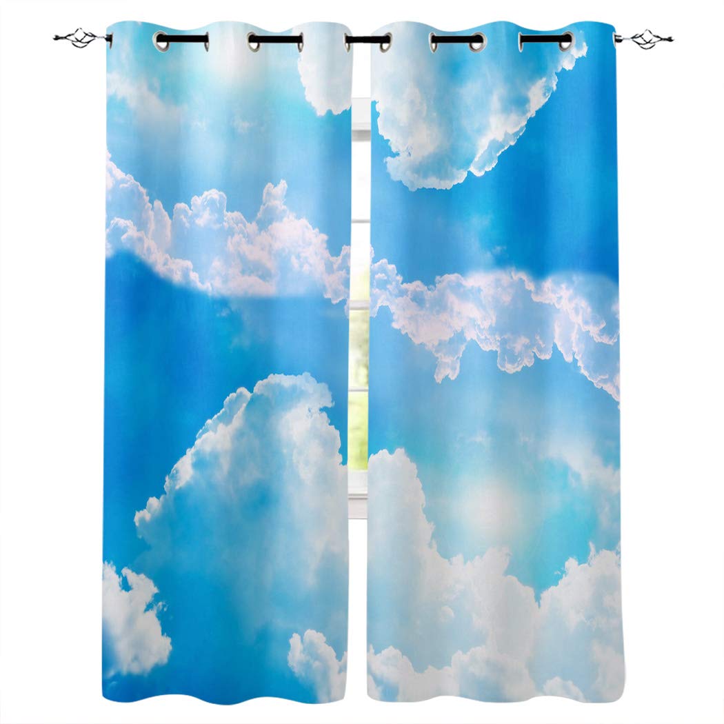 Thermal Insulated Blackout Curtains 40x63 Inches - Noise Reducing Grommet Drapes for Bedroom, Kids Room & Nursery - Blue Sky White Cloud Design - Perfect for Home Decor, Sleep & Privacy (1 Pair)