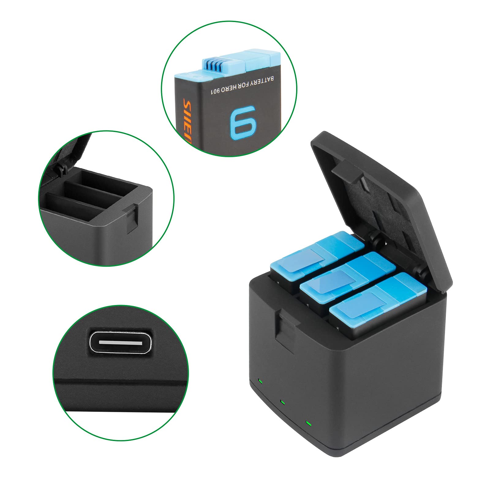 Shentec AHDBT-901 3-Pack Replacement Batteries & 3-Channel Fast Charger for GoPro Hero 9/8/7/6 - Compatible with SPBL1B Fully Decoded Battery - Perfect for Travel, Vlogging & Outdoor Adventures