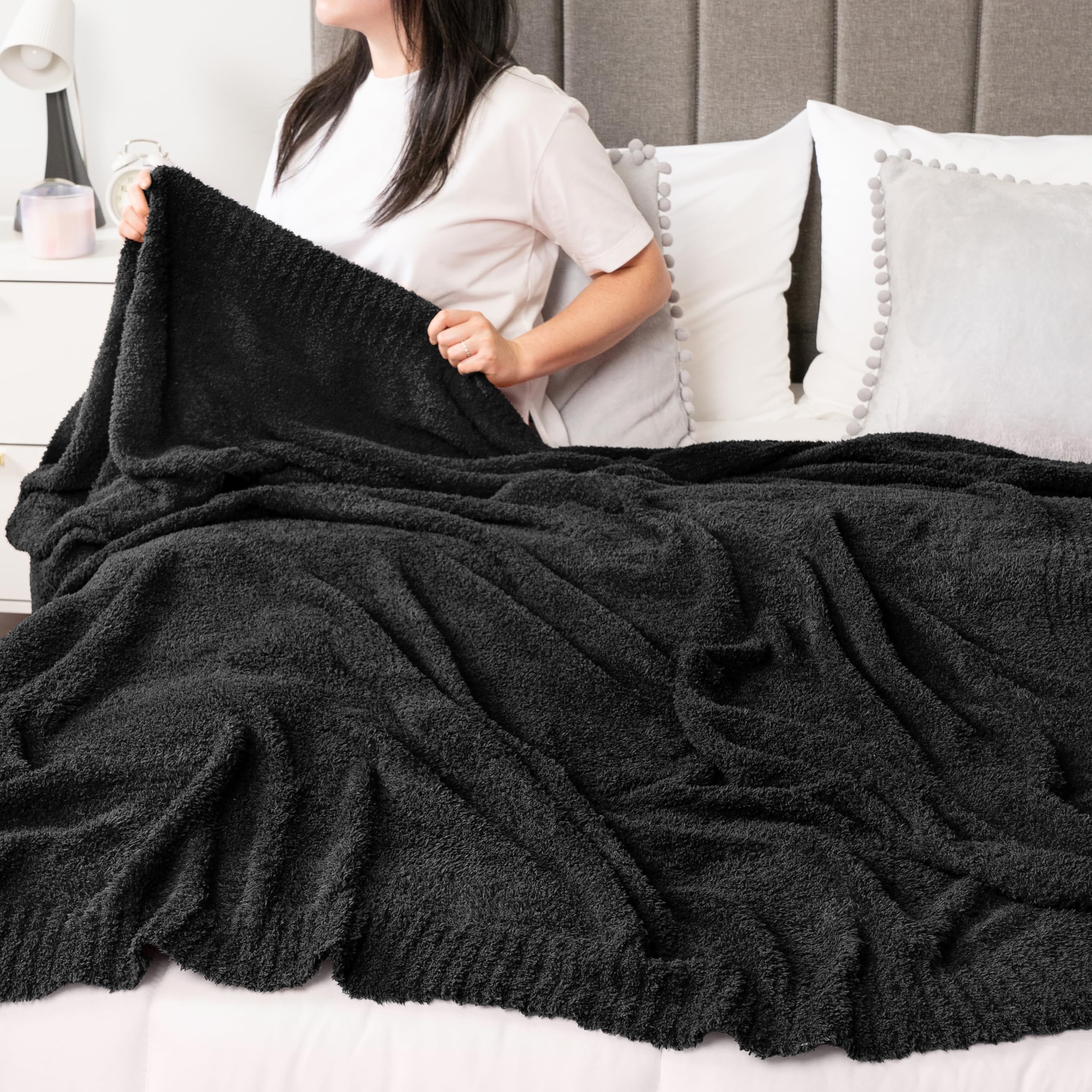 PAVILIA Super Soft Fluffy Knit Throw Blanket - Lightweight & Cozy Black Blanket for Couch, Bed, Sofa (60x80 Inches) - Perfect for Lounging, Movie Nights & Winter Warmth