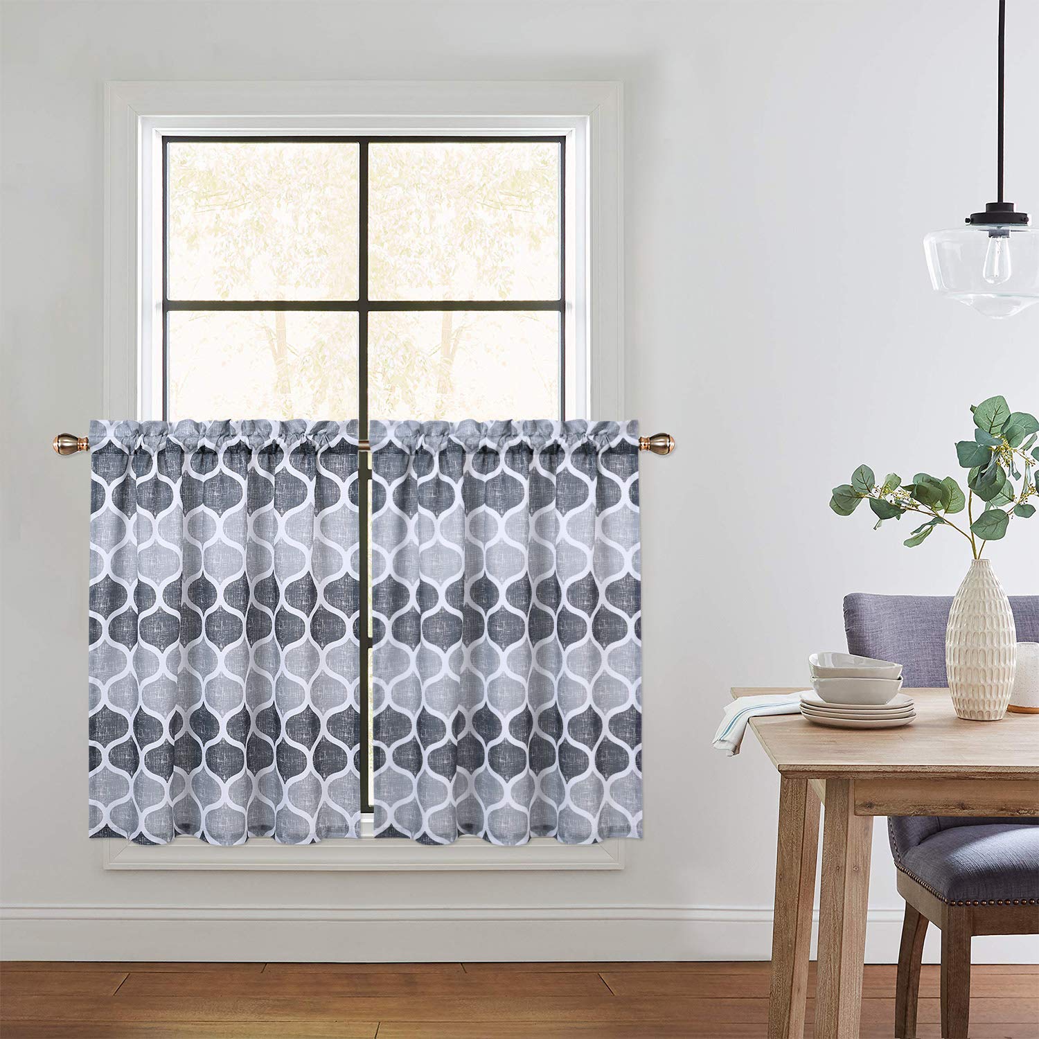 CAROMIO 36 Inch Kitchen Tier Curtains - Geometric Moroccan Print Short Cafe Curtains for Windows, Bathroom & Kitchen Decor in Grey - Perfect for Farmhouse, Boho & Modern Home Style