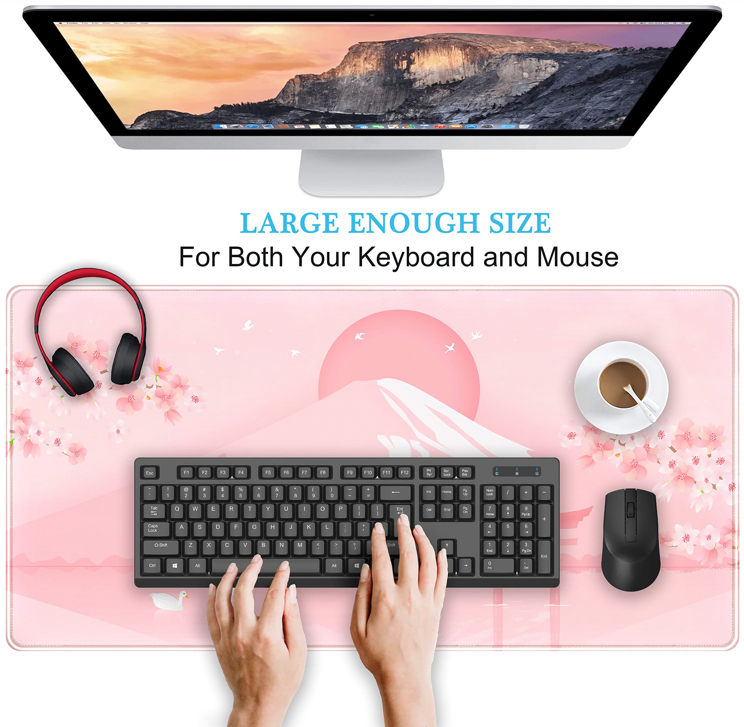 Cherry Blossom Mouse Pad - Kawaii Pink Floral Desk Mat with Japanese Sakura Design, Large XXL Gaming Mousepad (31.5