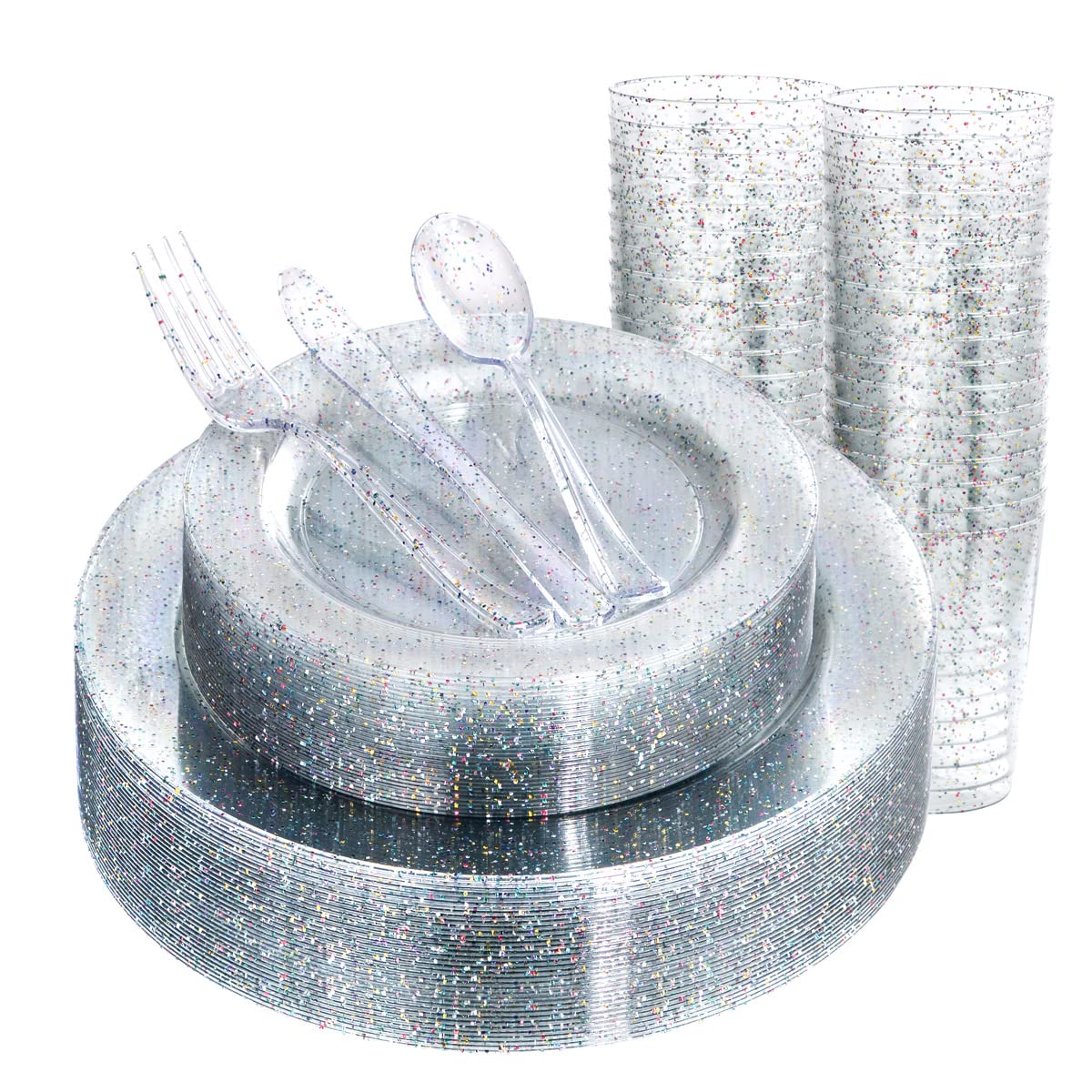 180-Piece Glitter Plastic Party Tableware Set - 30 Dinner Plates, 30 Dessert Plates, 90 Silverware & 30 Cups - Disposable Glitter Tableware for Birthday, Wedding, Baby Shower & Special Events