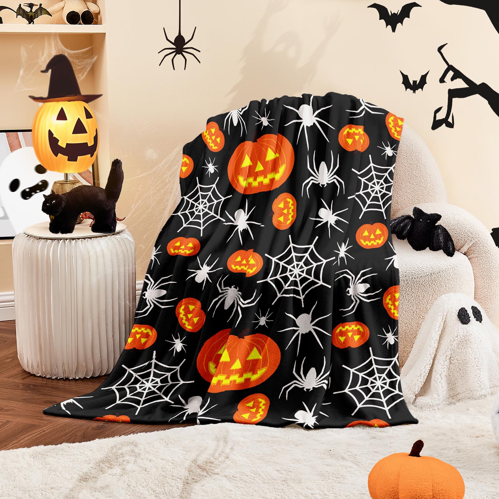 **Spooky Halloween Flannel Throw Blanket - Soft Plush Pumpkin Spider Web Design for Couch, Sofa & Bed - Cozy 50x60