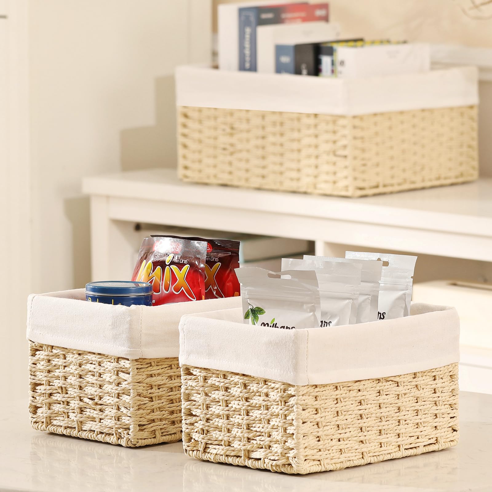 Vagusicc 6-Piece Woven Paper Rope Storage Basket Set - Large Cube Organizer Bins for Shelves, Bathroom, Living Room & Bedroom - Beige Wicker Baskets for Toilet Paper, Toys, Blankets & Home Organization