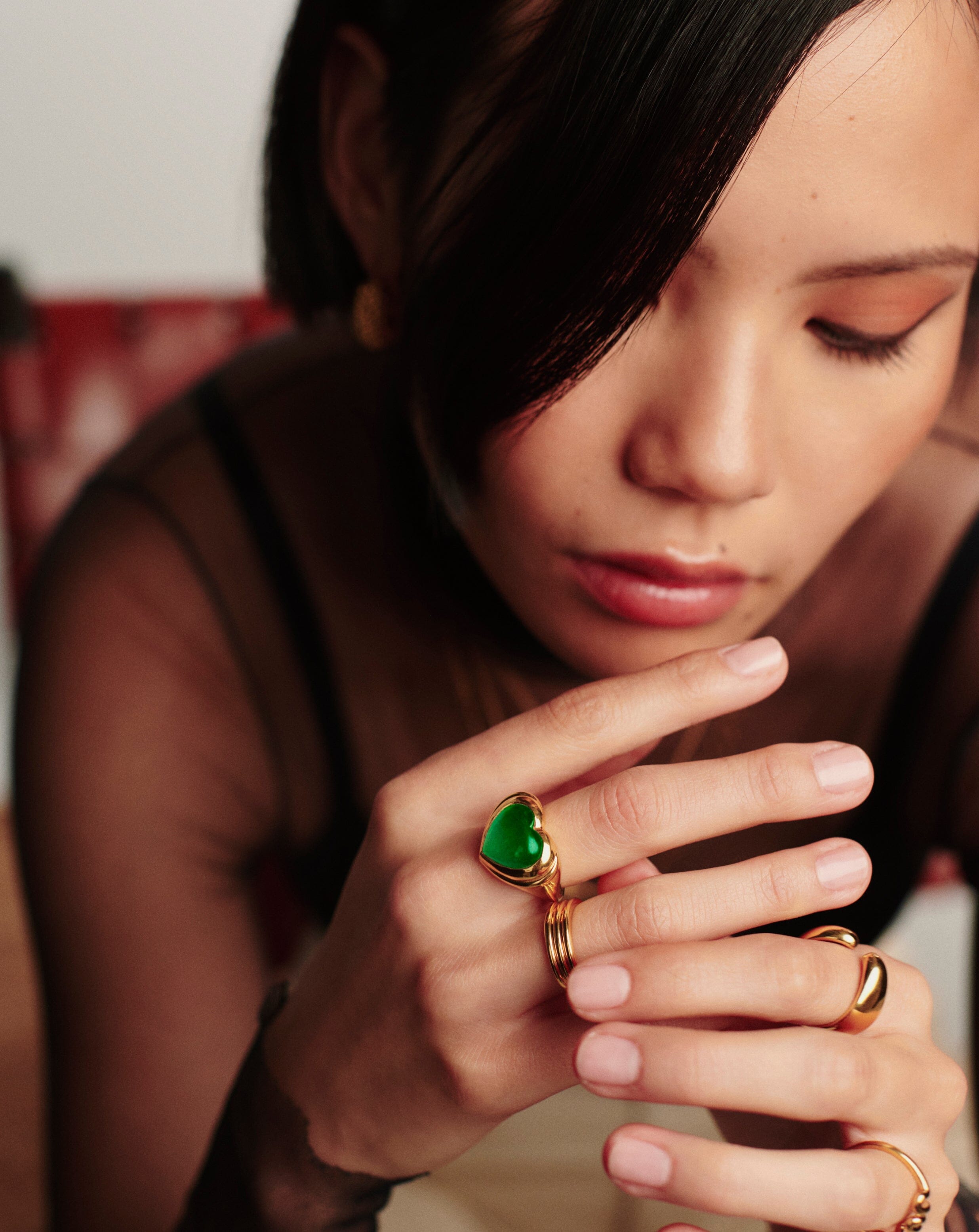 18k Gold Plated Jelly Heart Gemstone Ring with Green Chalcedony - Elegant Dainty Jewelry for Women, Perfect for Valentine's Day Gifts, Anniversary Presents & Everyday Wear