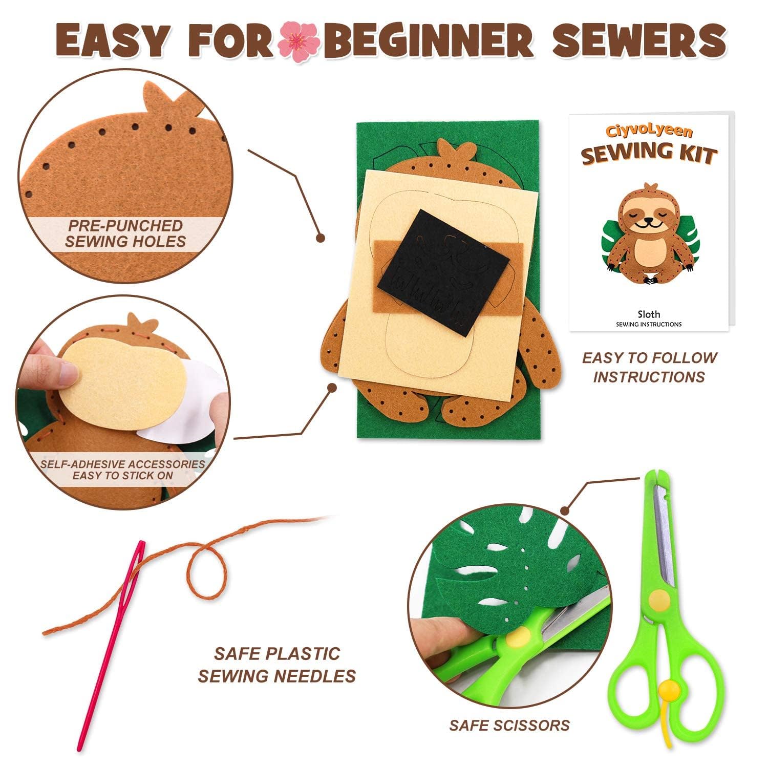 CiyvoLyeen Sloth Sewing Craft Kit - Jungle Animal DIY Sewing Kit for Kids Ages 8-12 - Educational Handmade Craft Projects with 8 Fun Designs - Perfect for Birthday Gifts & After School Activities