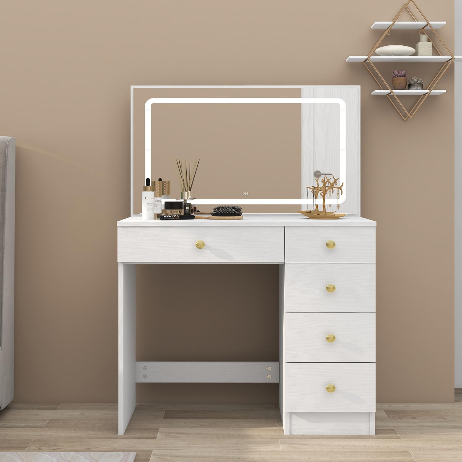 Lighted Makeup Vanity Set with Large Mirror, 5 Drawers & Power Outlet - Adjustable 3-Color Lighting Dressing Table for Women & Girls (White) | Perfect for Bedroom, Salon & Home Beauty Station