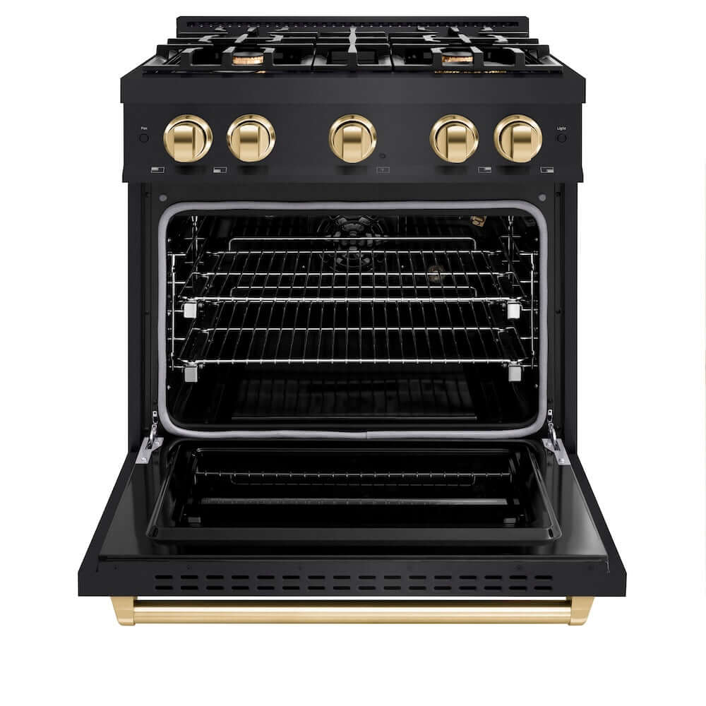 ZLINE Autograph Edition 30-inch 4.2 cu. ft. Black Stainless Steel Gas Range with 4 Burner Cooktop & Convection Oven - Polished Gold Accents (CGRBZ 30 G) | Professional Kitchen Appliance for Home Chefs & Cooking Enthusiasts