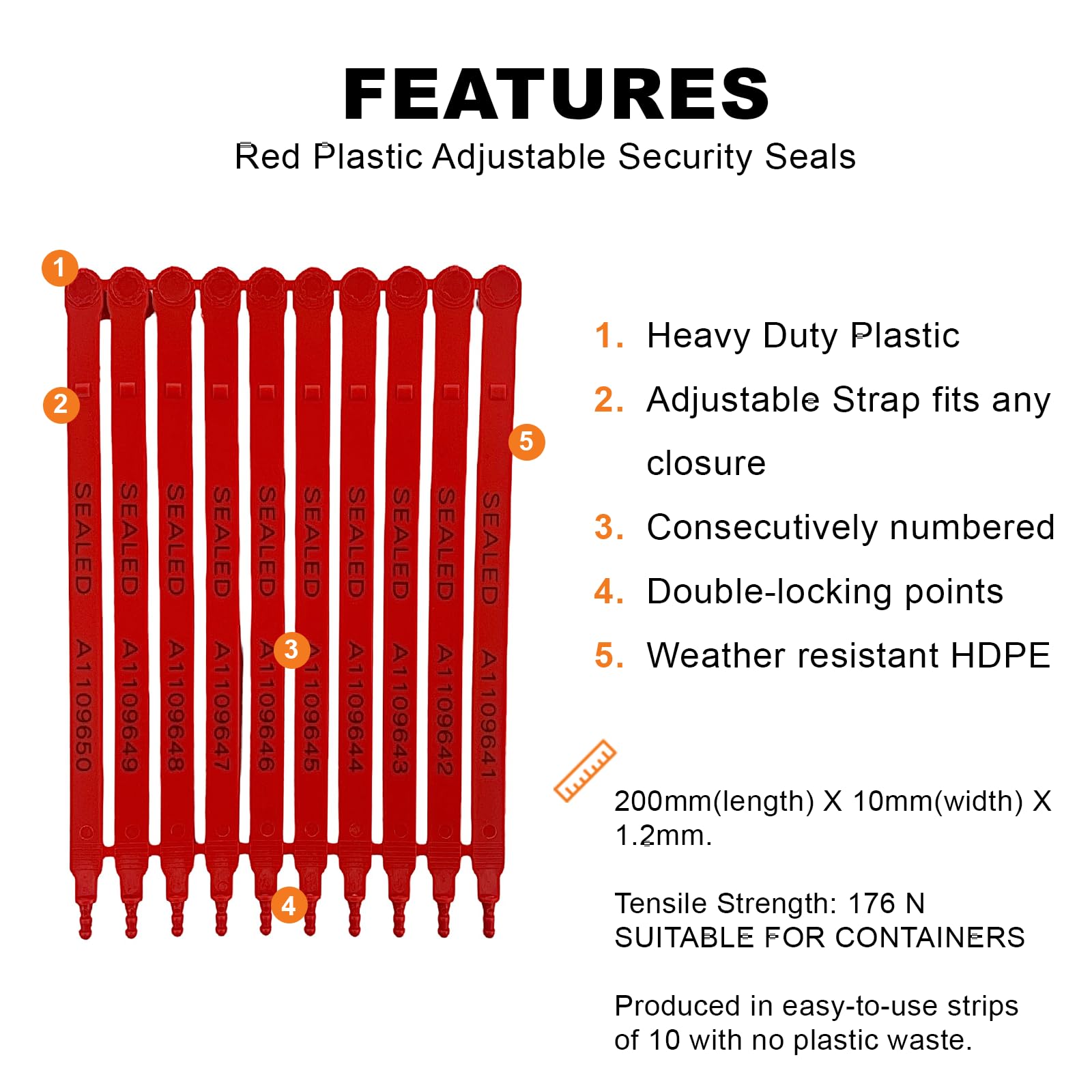 Red Plastic Security Seals 8 Inch - Self-Locking Tamper Proof Shipping Seals with Progressive Numbering for Trucks, Trailers, Cargo Containers & Luggage - 600 Count Pack (Ideal for Logistics, Warehouse Security & Transportation Protection)
