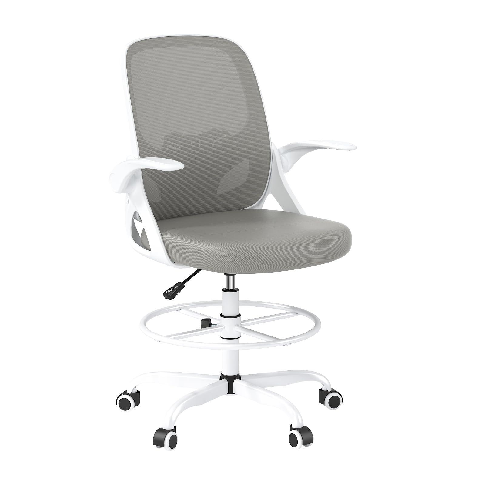 Ergonomic Tall Drafting Chair with Footrest Ring - Adjustable Height Office Chair with Flip-Up Arms & Lumbar Support for Home & Work (Gray) - Perfect for Architects, Artists & Long Work Sessions at Standing Desks