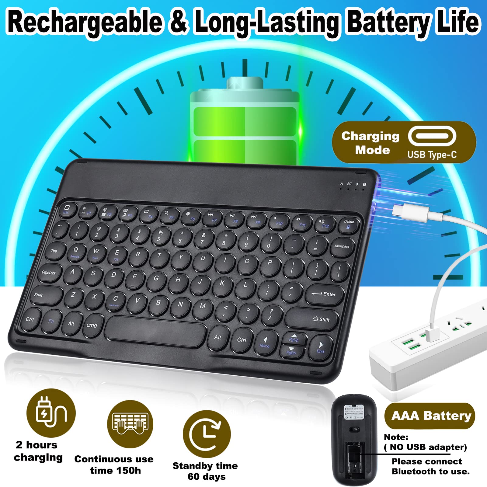 Wireless Bluetooth Keyboard and Mouse Combo - Rechargeable Mini Portable Keyboard with Mouse for iPad, Tablet, PC, Mac, Laptop (Android/Samsung/Microsoft Compatible) - Perfect for Home Office, Travel & Remote Work - 10in Black