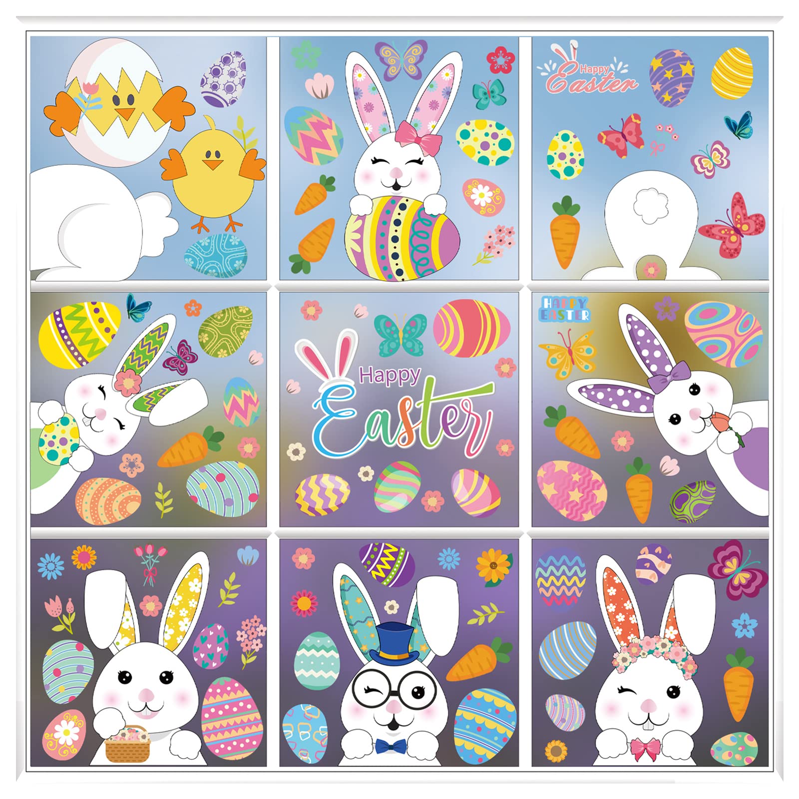 121Pcs Easter Window Clings Decorations - Bunny, Radish & Egg Holiday Decals for Glass Windows - 2025 Easter Party Supplies for Home, Office & Classroom Decor