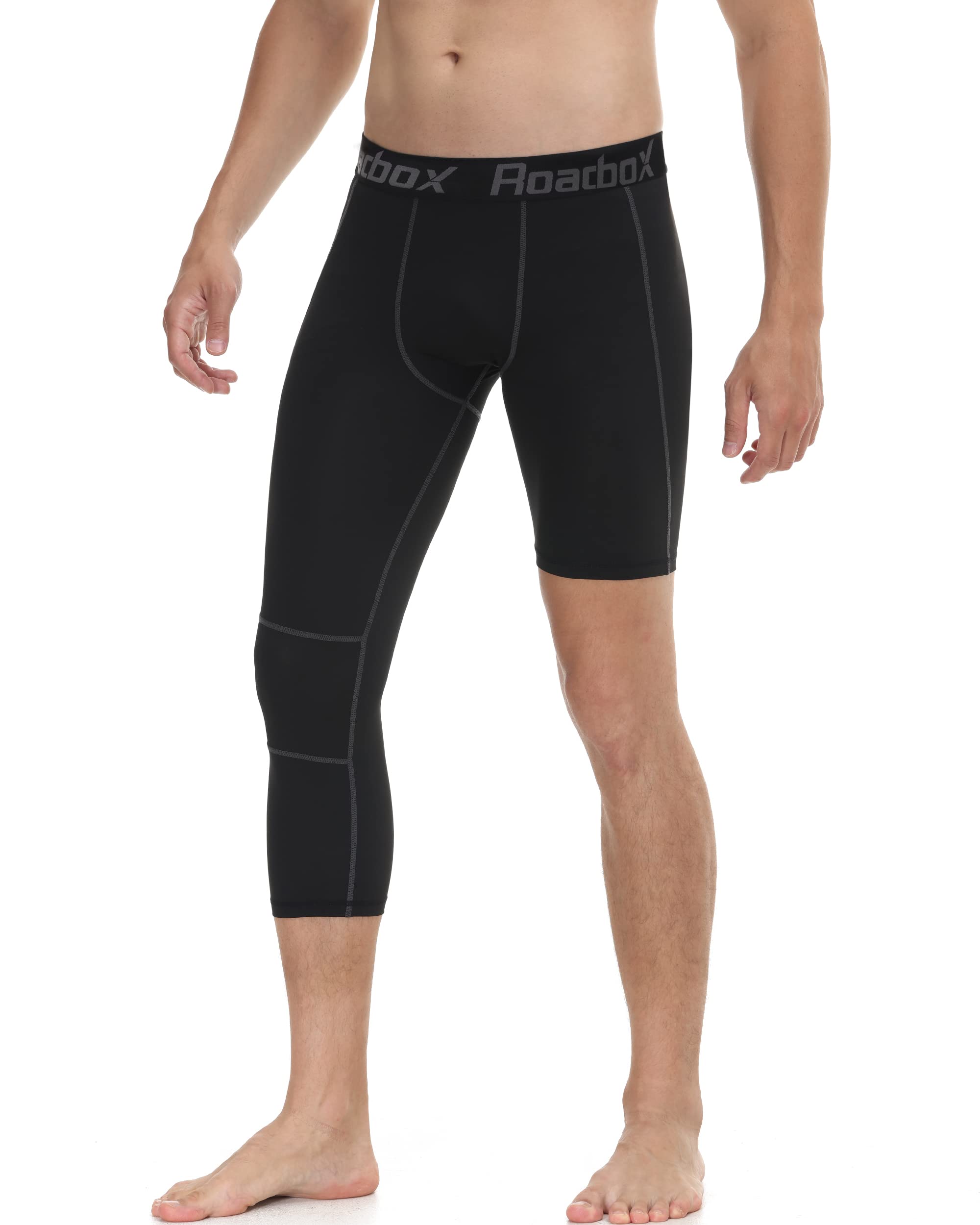Roadbox Men's One Leg Compression Pants - 3/4 Length Basketball Leggings for Athletic Performance & Sports Base Layer | Ideal for Running, Gym Workouts & Basketball Training