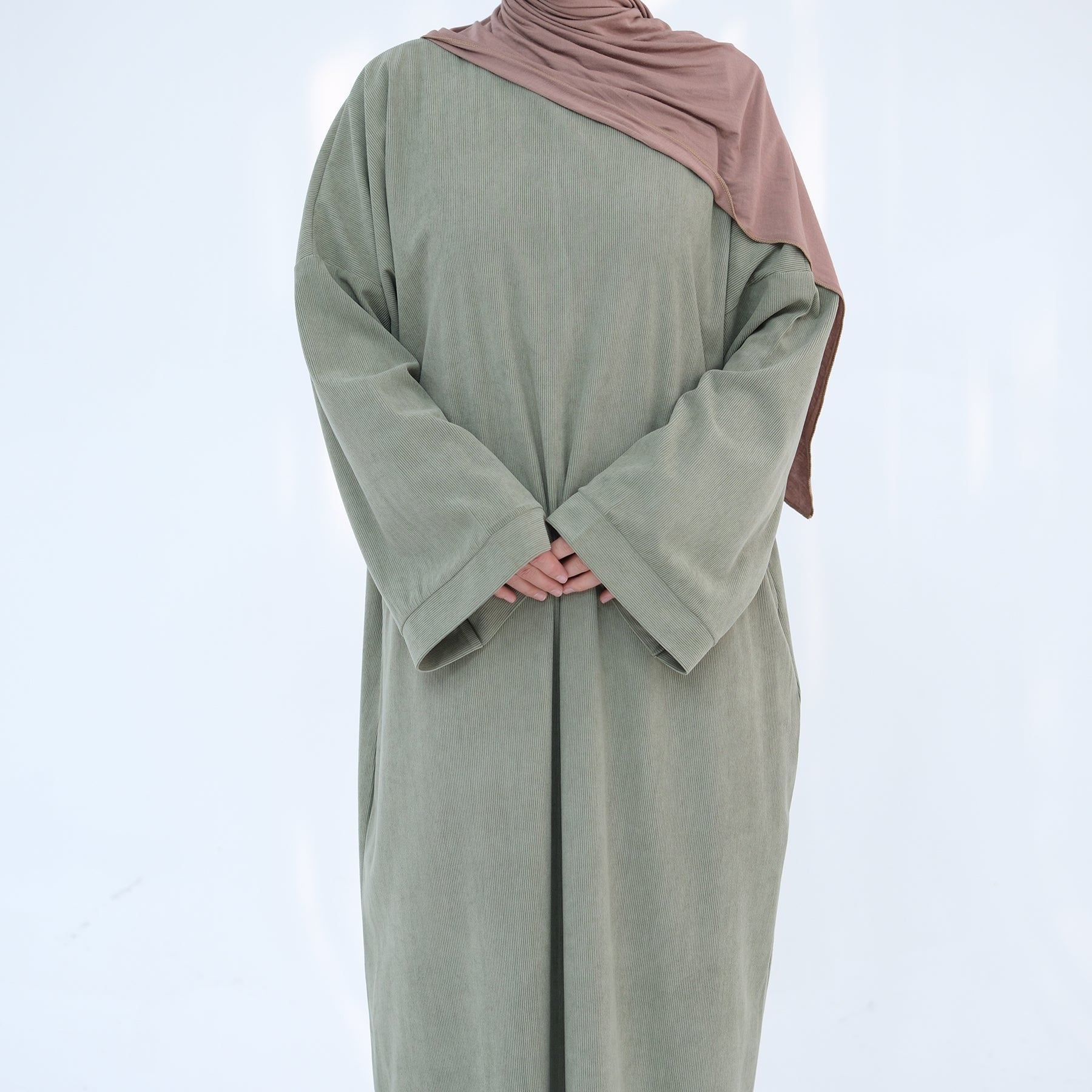 Annan Corduroy Abaya Dress for Women - Elegant Long Sleeve Maxi Dress in Sage Green | Perfect for Prayer, Modest Fashion, and Special Occasions