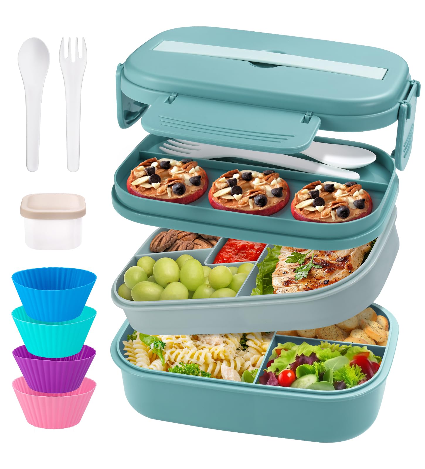 3-Tier Bento Box for Adults & Kids - 63oz Stackable Lunch Container with Utensil Set, Sauce Cups & Muffin Cups - Eco-Friendly Meal Prep for Office, School & Picnics - Green
