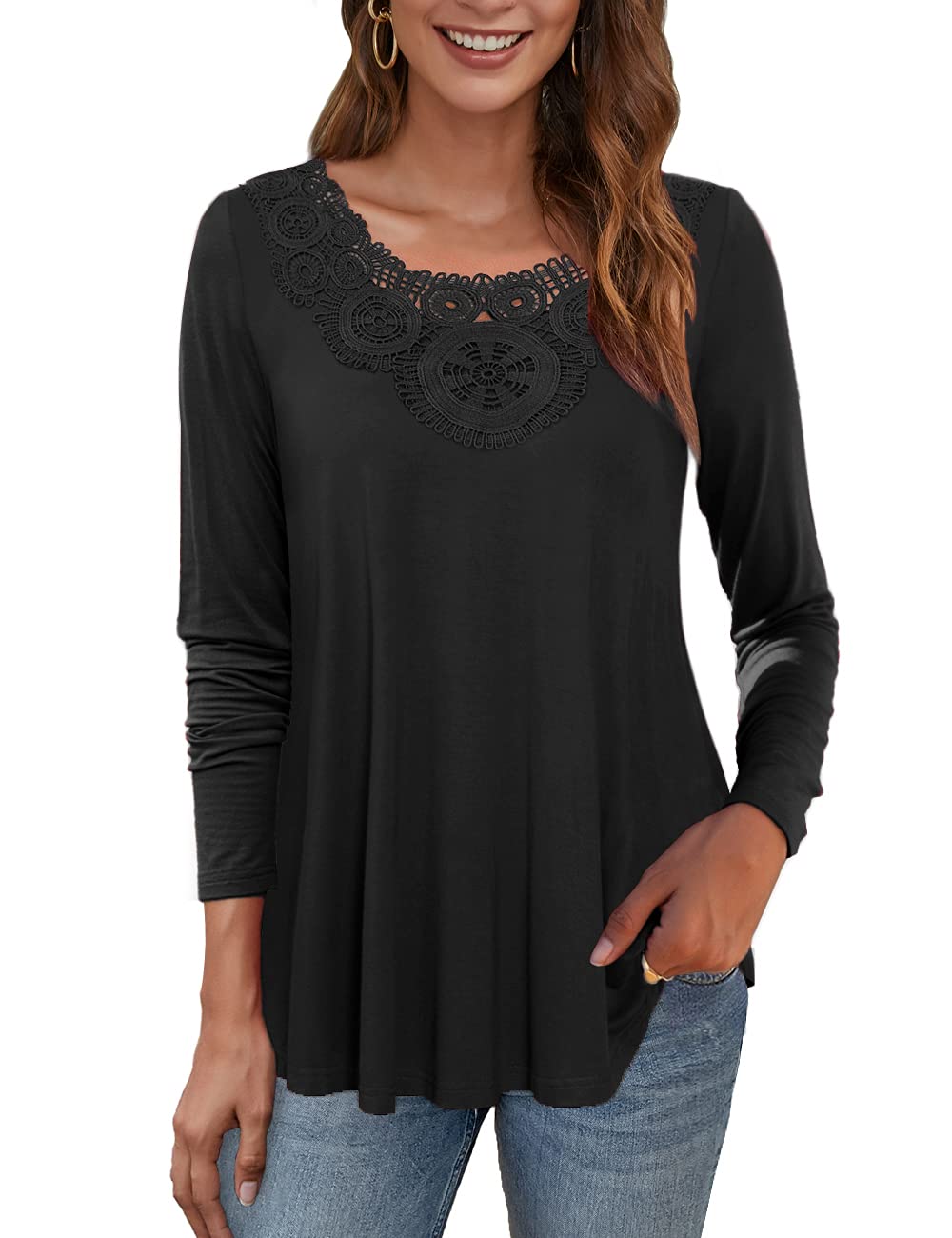 VERABENDI Women's Plus Size Long Sleeve Blouse - Lace Pleated Tunic Top for Casual & Office Wear (Sizes M-4XL) | Perfect for Work, Date Night & Special Occasions