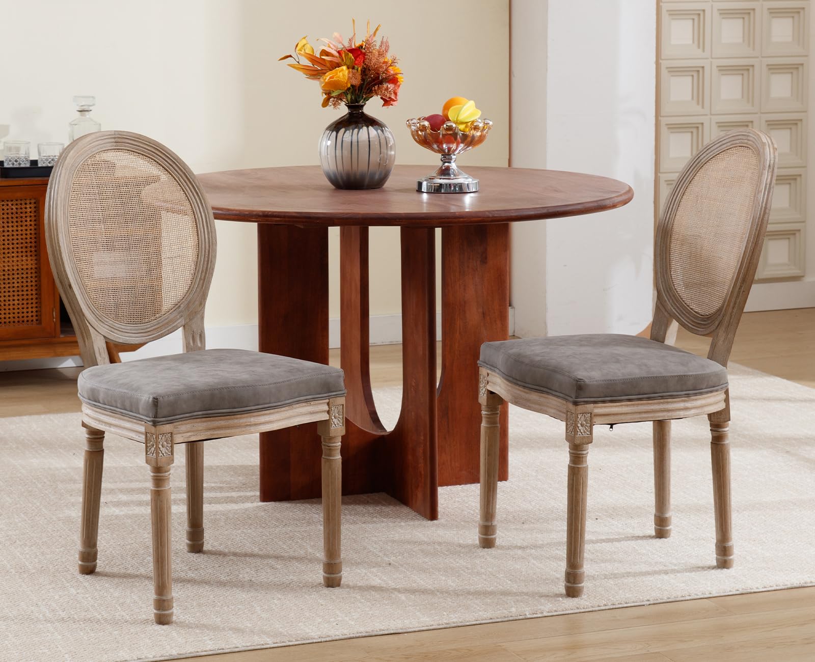 Farmhouse Rattan Dining Chairs Set of 2 - French Country Style Leather Upholstered Round Back Side Chairs for Kitchen, Restaurant, Dining Room & Living Room - Grey (2 Pieces) | Perfect for Rustic Home Decor, Indoor Dining & Cozy Gatherings
