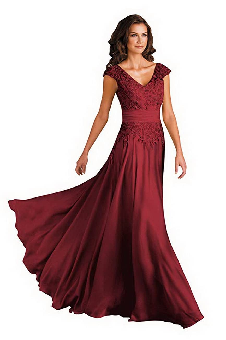 Elegant V-Neck Mother of the Bride Dress with Lace Sleeves - Chiffon Formal Evening Gown for Wedding Guest - Perfect for Weddings, Galas & Special Occasions