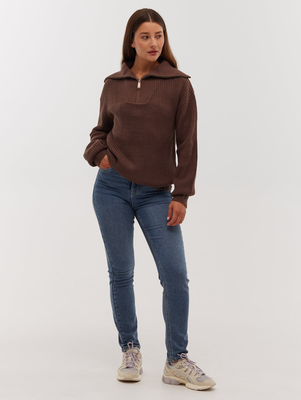Thurynn Oversized Zippered Funnel Neck Sweater for Women - Cozy Winter Pullover for Casual Outings & Office Wear