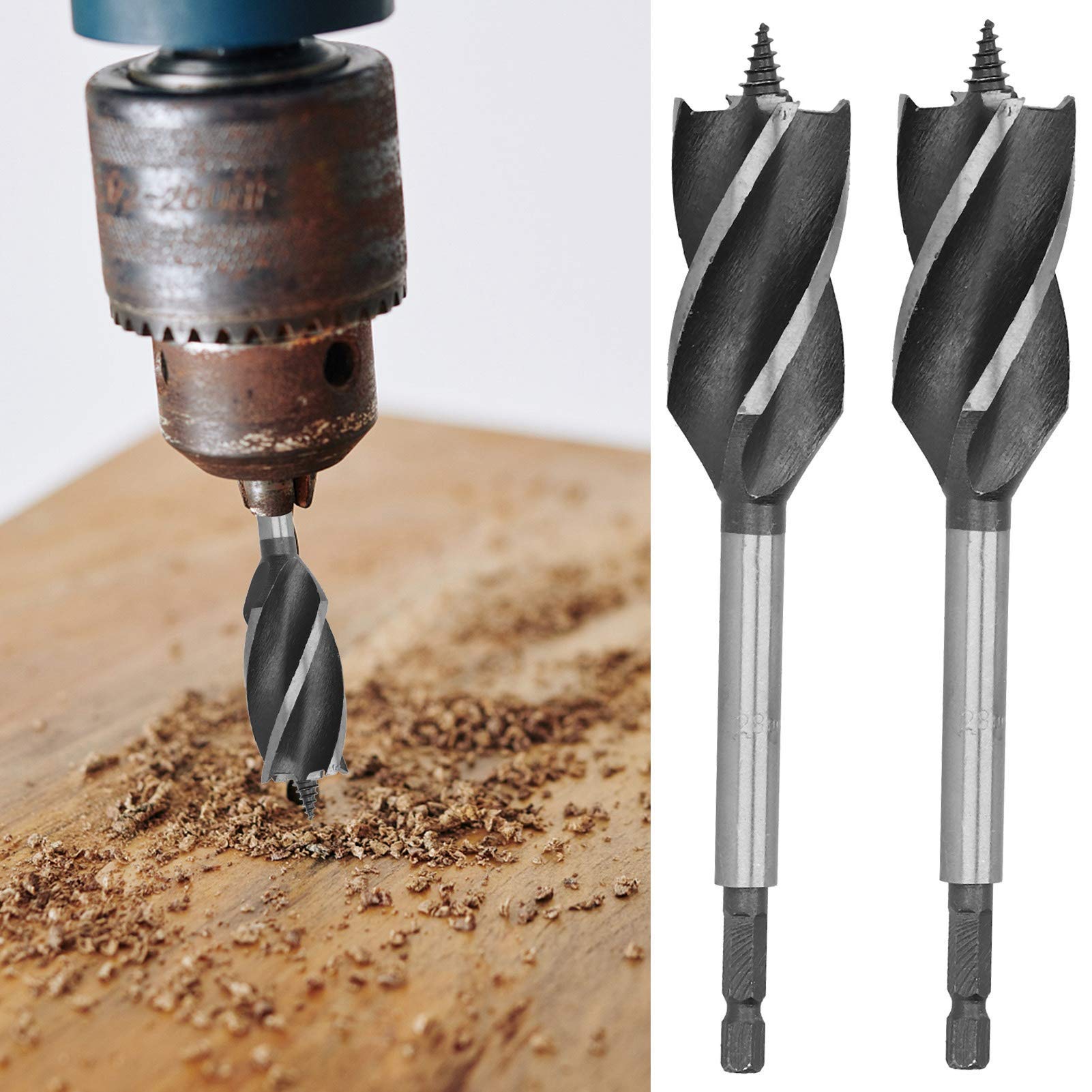 2Pcs 28mm Brad Point Drill Bit Set - 4 Flute Hex Shank Woodworking Drill Bits for Wood Panels & Density Boards - Perfect for Cabinet Making, Furniture Assembly & DIY Wood Projects