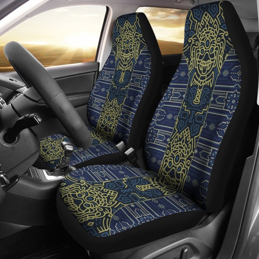 Premium Aztec Elephant Print Car Seat Covers - Navy Blue & Mustard Yellow Design | Waterproof & Universal Fit for Cars, Trucks & SUVs | Perfect for Road Trips, Camping & Daily Commute