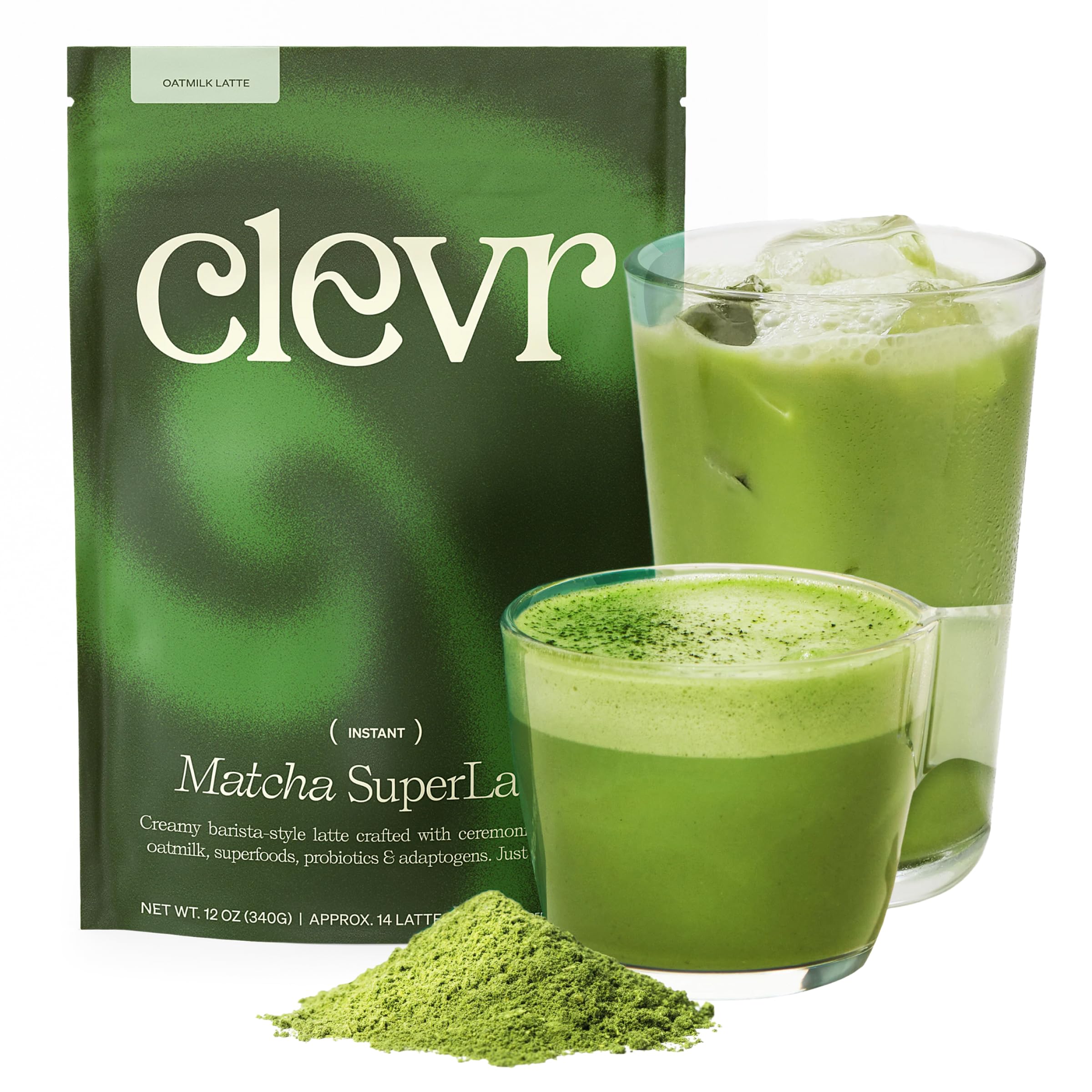 Organic Matcha Green Tea Latte Powder - Instant Ceremonial Grade Superfood Blend with Oat Milk, Lions Mane, Reishi Mushroom & Ashwagandha | Hot or Iced Drink | Vegan, Gluten-Free | 12 oz | Perfect for Morning Energy, Afternoon Focus & Relaxing Evenings
