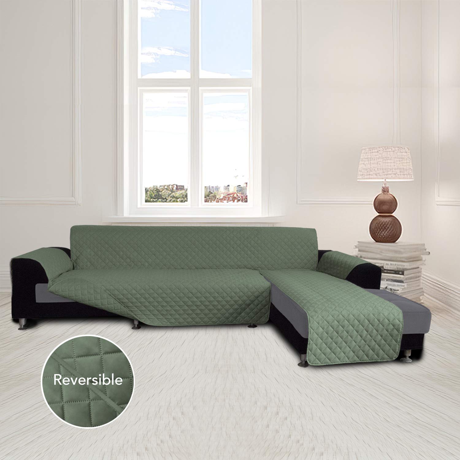 Reversible L-Shaped Sofa Slipcover for Sectional Couch & Chaise - Pet & Kid Friendly Furniture Protector (Large, Greyish Green) - Perfect for Living Room, Family Room & Home Theater Seating