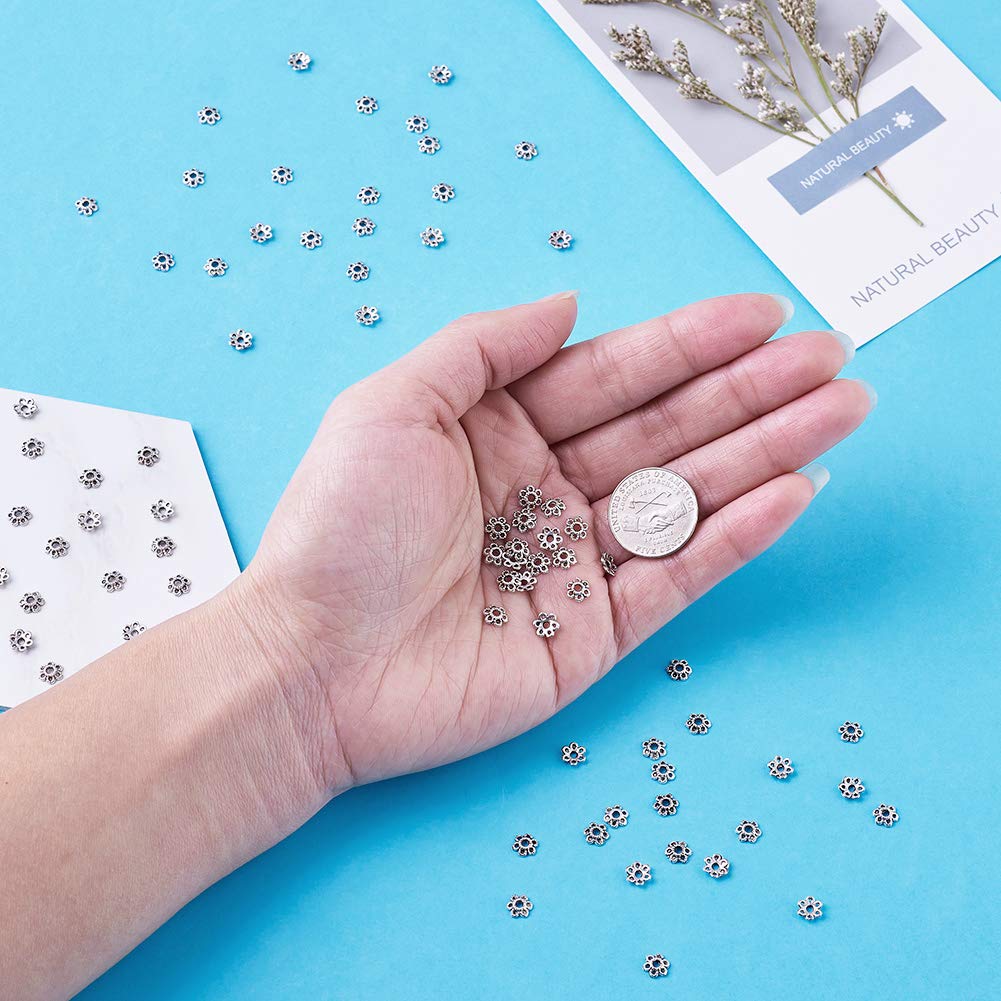 Pandahall 100pcs Tibetan Silver Hollow Flower Bead Caps 6mm Filigree Petal Spacers, Floral End Caps Bali Style Jewelry Findings for Necklace Bracelet DIY Craft Supplies, 2mm Hole, Perfect for Boho Wedding Bridal Jewelry Making