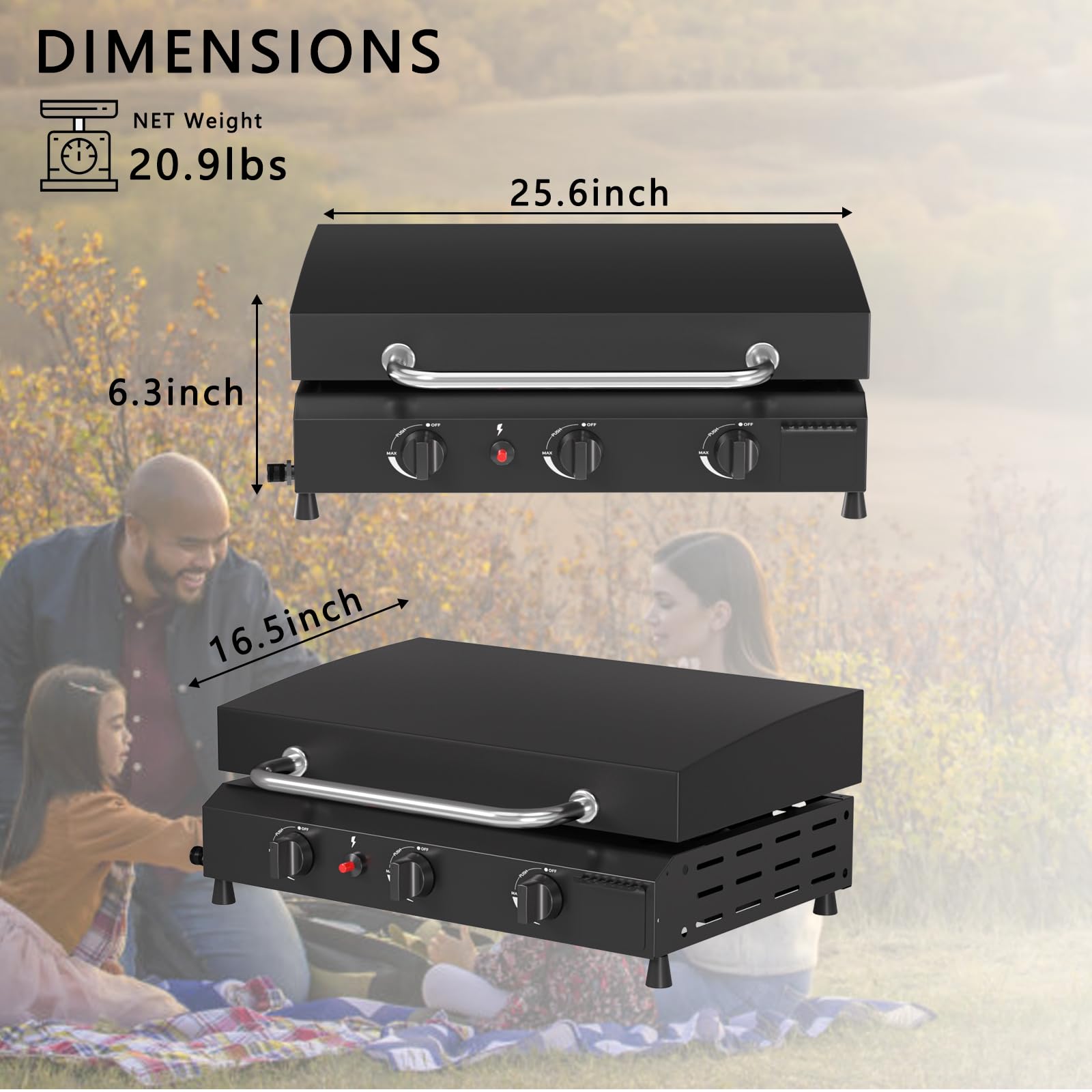 SKOK 3 Burner Gas Griddle with Hood - 23.3 Inch Outdoor Propane Griddle - 45000 BTU Portable Flat Top Gas Grill for Camping, Backyard BBQ & Tailgating - Perfect for Outdoor Cooking, Picnics & Family Gatherings