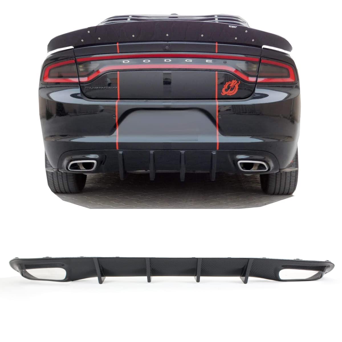 Shark Fin Rear Bumper Diffuser Valance Lip for 2015-2023 Dodge Charger SXT SE - Painted Carbon Fiber Finish - Enhance Aerodynamics & Style for Street Racing & Car Shows