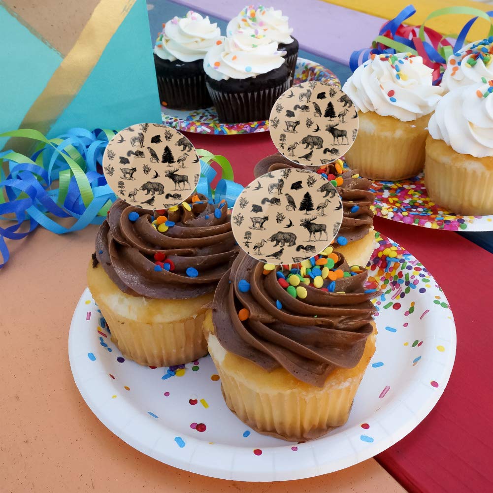 Forest Animals Cupcake Toppers Set of 6 - Moose, Bear, Wolf, Raccoon & Birds Decorations for Birthday Parties, Baby Showers & Baking Crafts