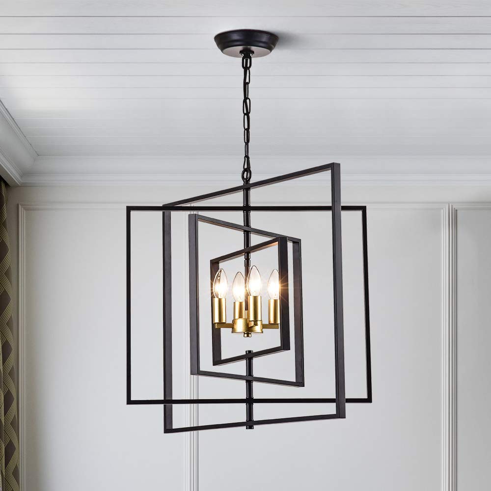 Maxax 4-Light Square Chandelier - Modern Farmhouse Kitchen Island Pendant Light Fixture for Dining Room, Bathroom, Bedroom & Living Room - Black & Gold Finish - Perfect for Rustic Home Decor & Open Concept Spaces