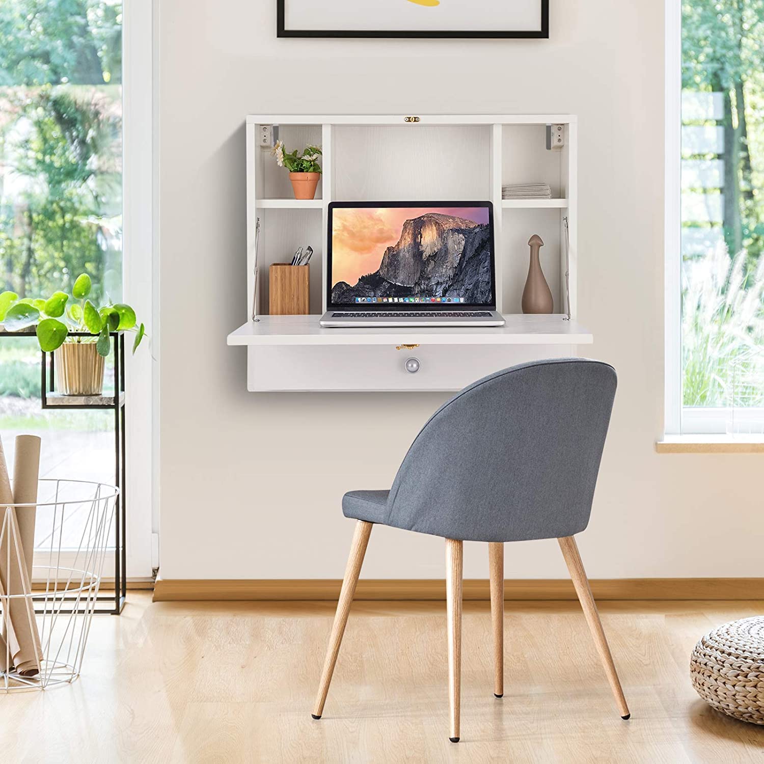 GRAFFY Wall Mounted Folding Desk with Storage Drawer & Shelves - Space Saving Home Office Computer Desk, Multifunctional Hanging Cabinet for Small Spaces - Perfect for Bedroom, Dorm, Studio Apartments (White)