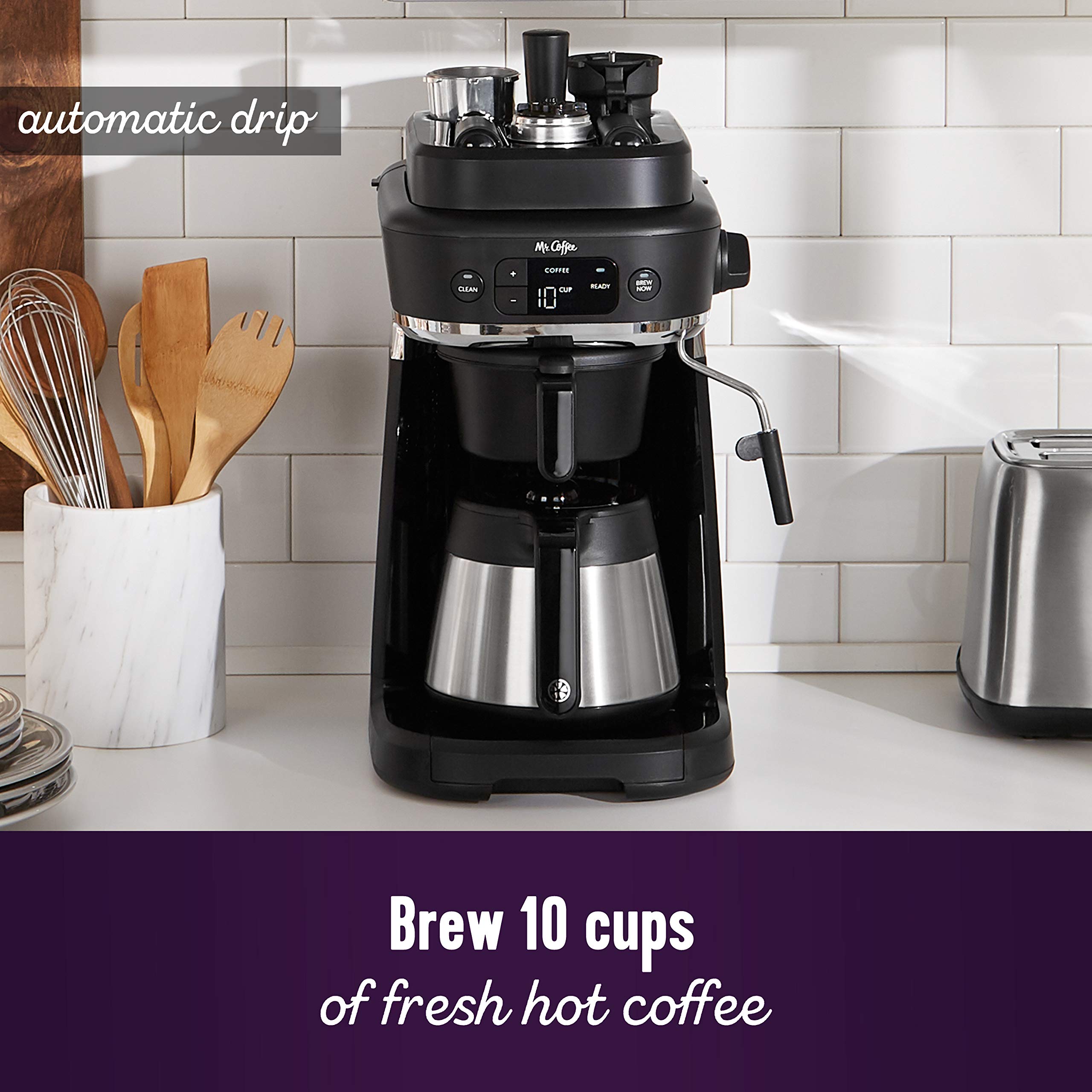 Mr. Coffee All-in-One Coffee Maker with 10-Cup Thermal Carafe, Espresso & Milk Frother, Includes Storage Tray - Perfect for Home, Office & Entertaining (Black)