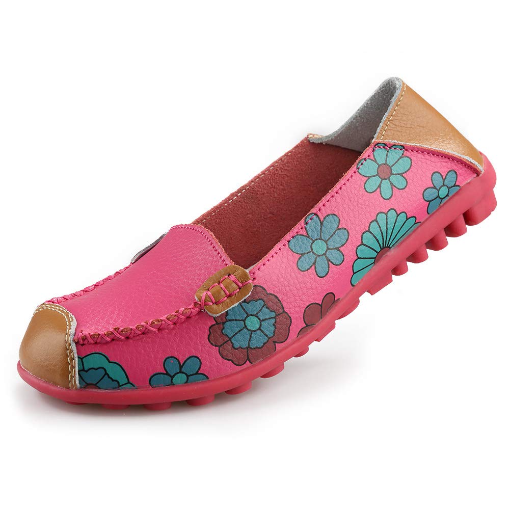 Ablanczoom Women's Comfortable Leather Floral Print Flats - Casual Driving Loafers & Walking Shoes for Women | Perfect for Work, Travel & Everyday Wear