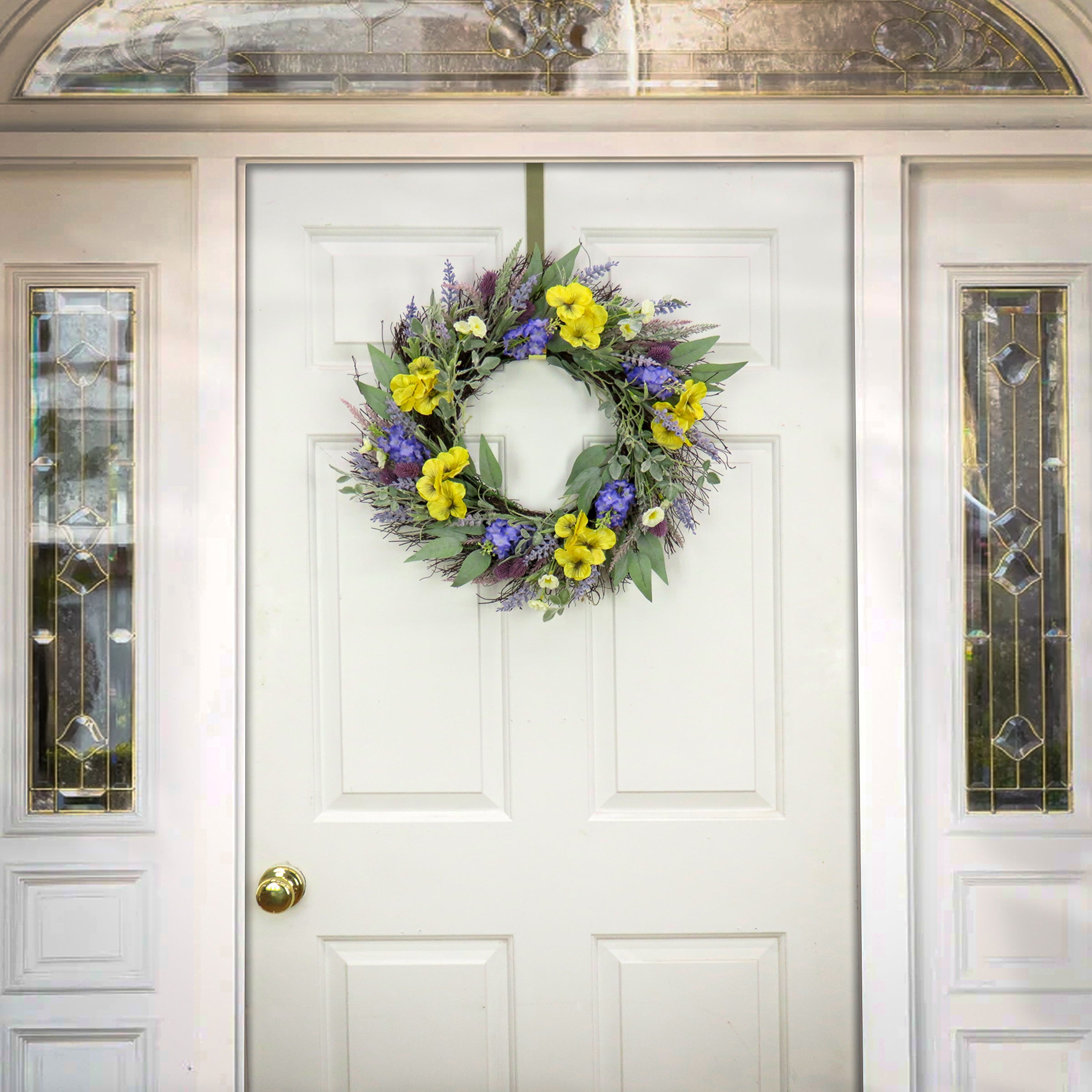 22 Inch Spring Wreath with Pansy Blooms, Lavender & Assorted Flowers - Elegant Floral Door Decor for Easter, Mother's Day & Home Decoration