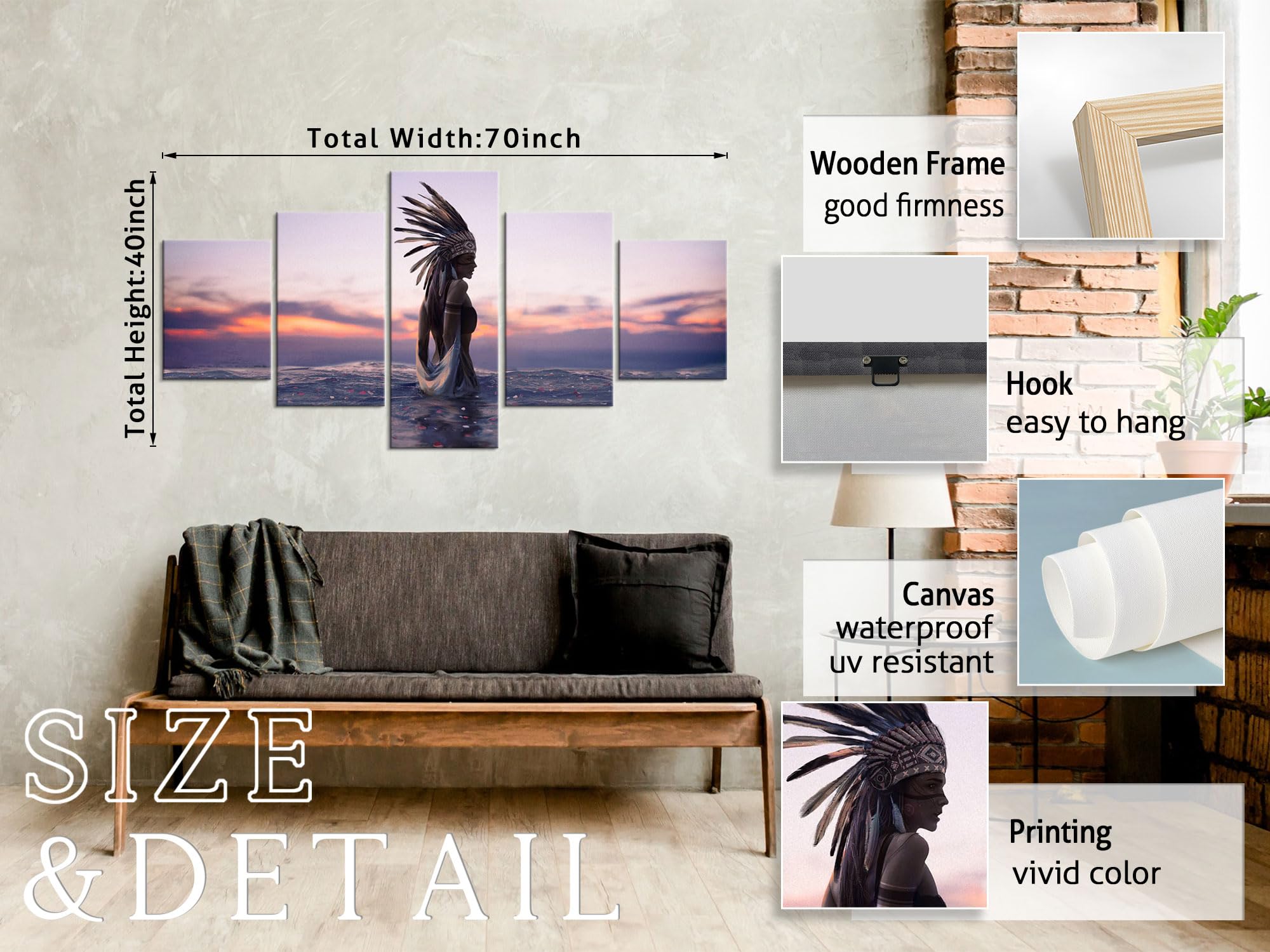 5 Piece Native American Indian Canvas Wall Art Set - Ocean Themed Indian Painting Decor for Living Room & Bedroom (70''W x 40''H) | Ready to Hang | Tribal Home Decor | Perfect for Southwest Style Interiors & Boho Chic Spaces