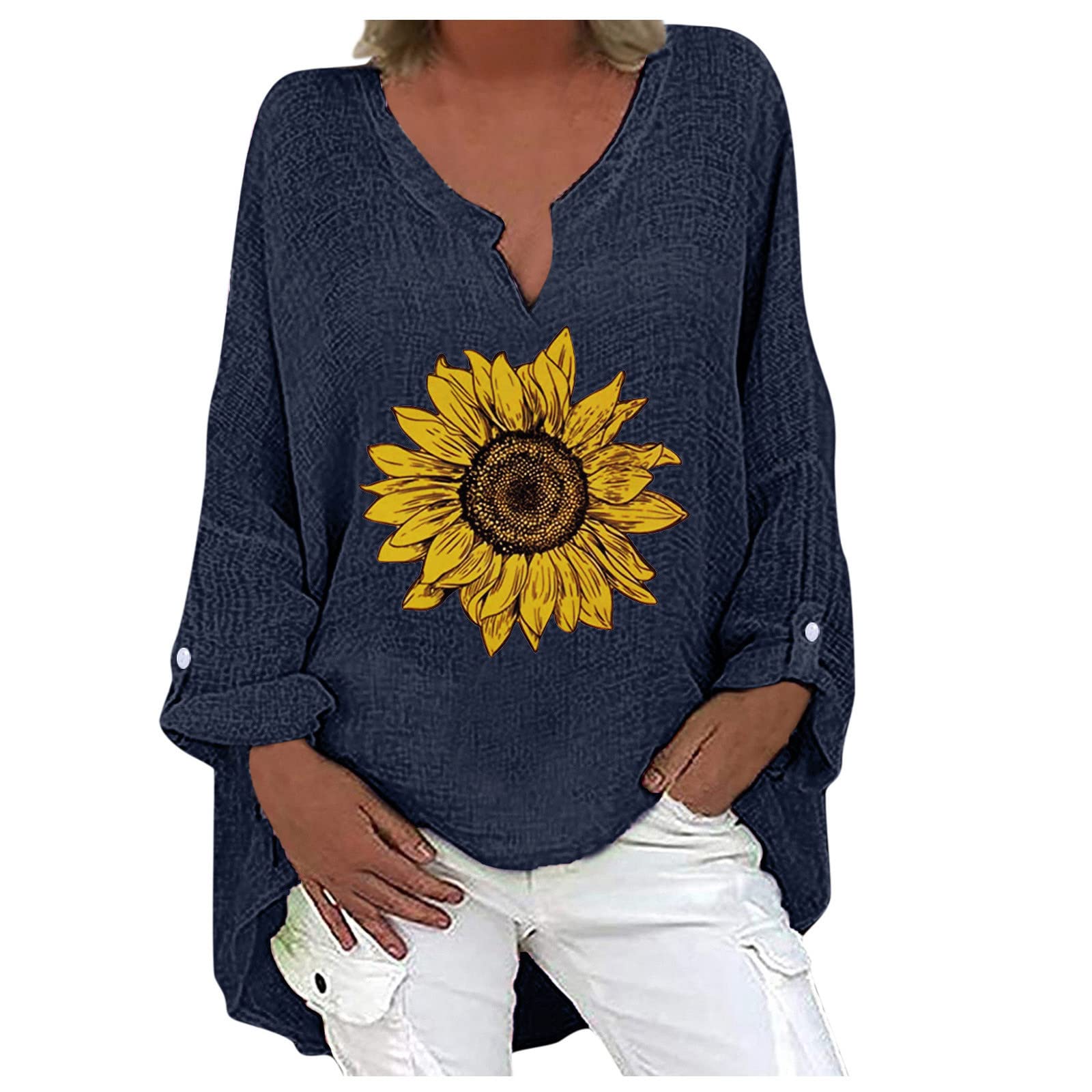 Women's Cute 3/4 Sleeve V-Neck Sweatshirts - Loose Fit Graphic T-Shirts for Workout & Casual Wear - Perfect for Gym, Yoga & Everyday Fashion