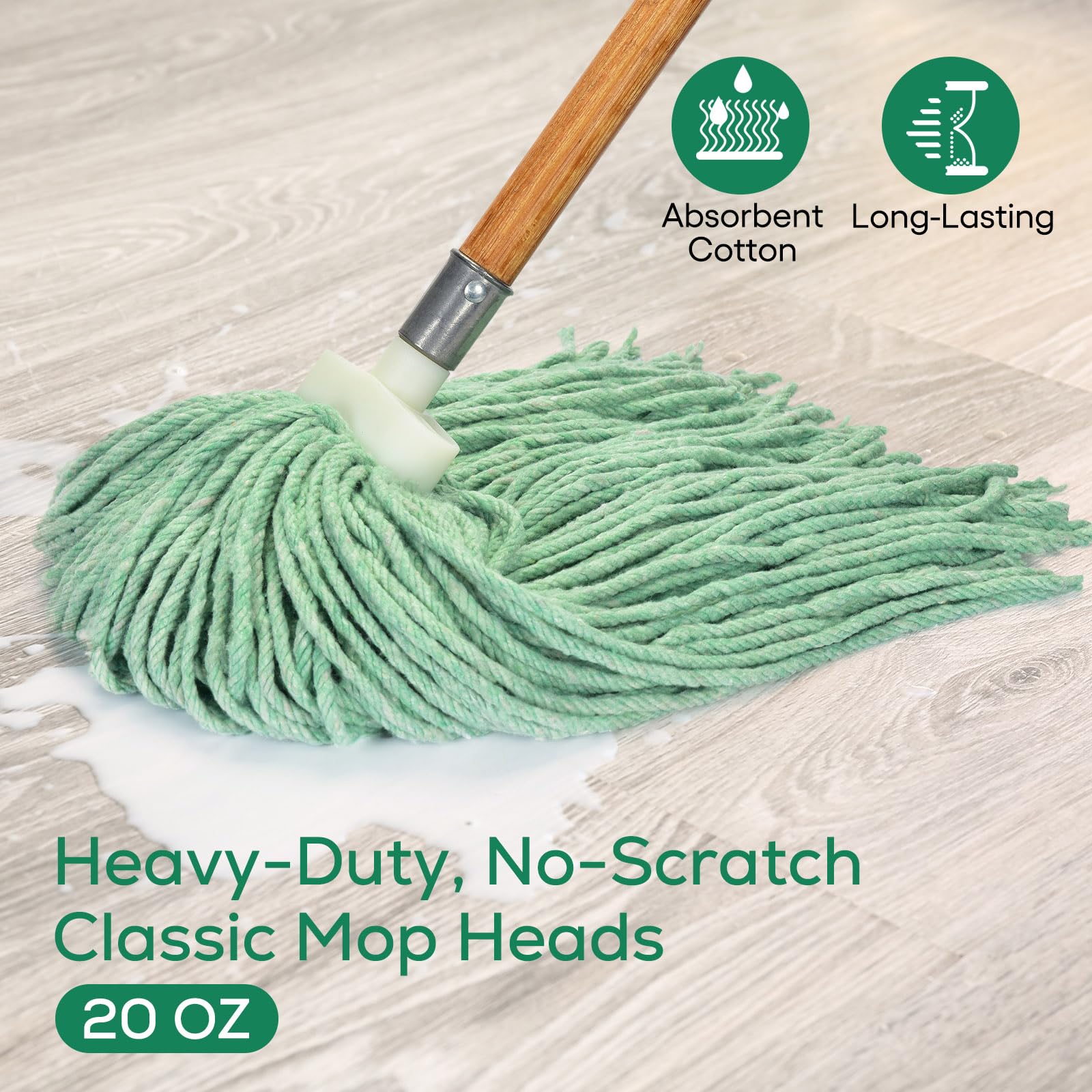 Heavy Duty Cotton Wet Mop Heads (3-Pack) with Microfiber Cloths - for Home & Commercial Cleaning