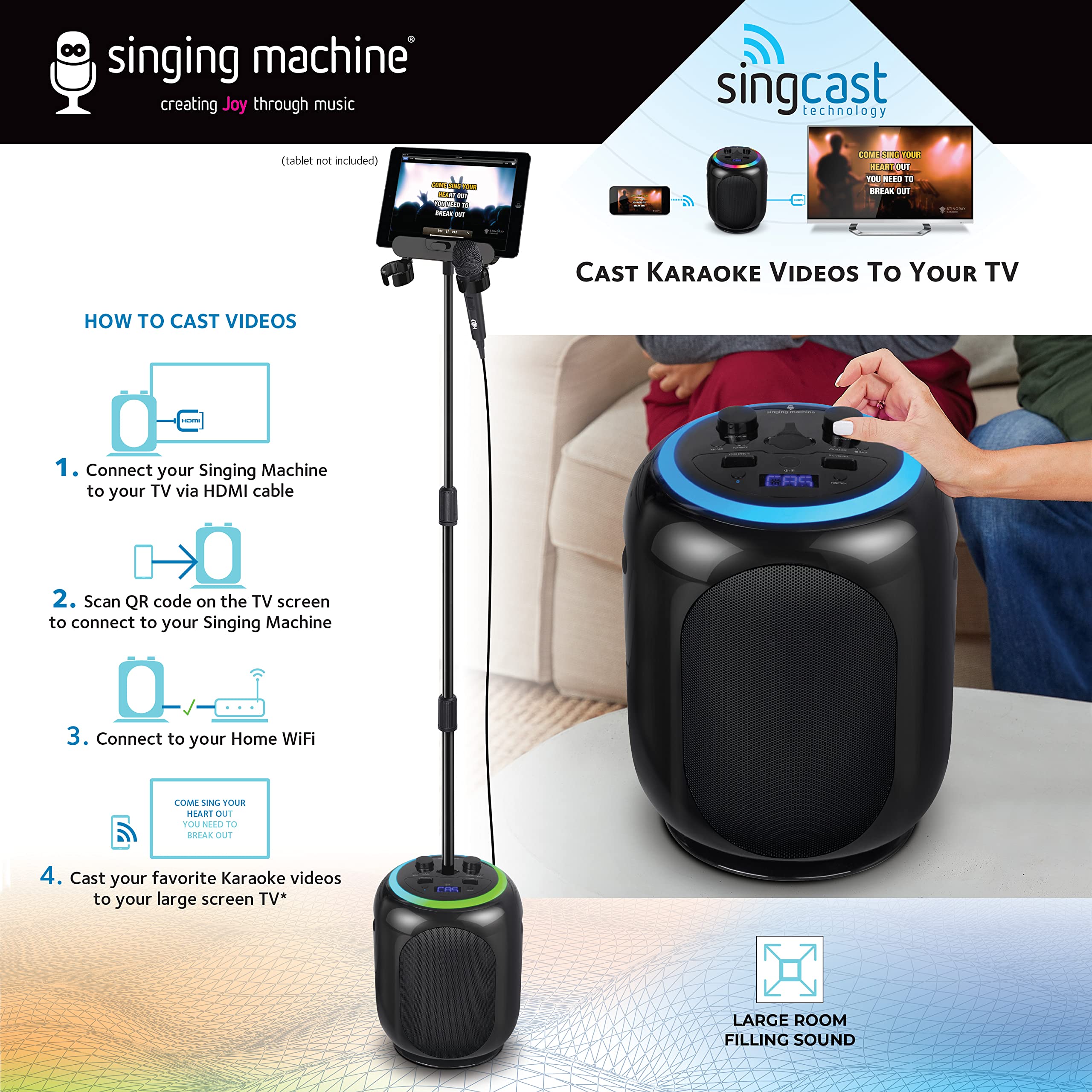 Singing Machine SingCast MAX Bluetooth Karaoke Machine with Video Casting, 35W Party Speaker, Microphone, 22 Voice Effects & Pitch Correction - Portable PA System with LED Lights & Stand for Home Parties, Family Gatherings, Kids Birthday & Entertainment Events
