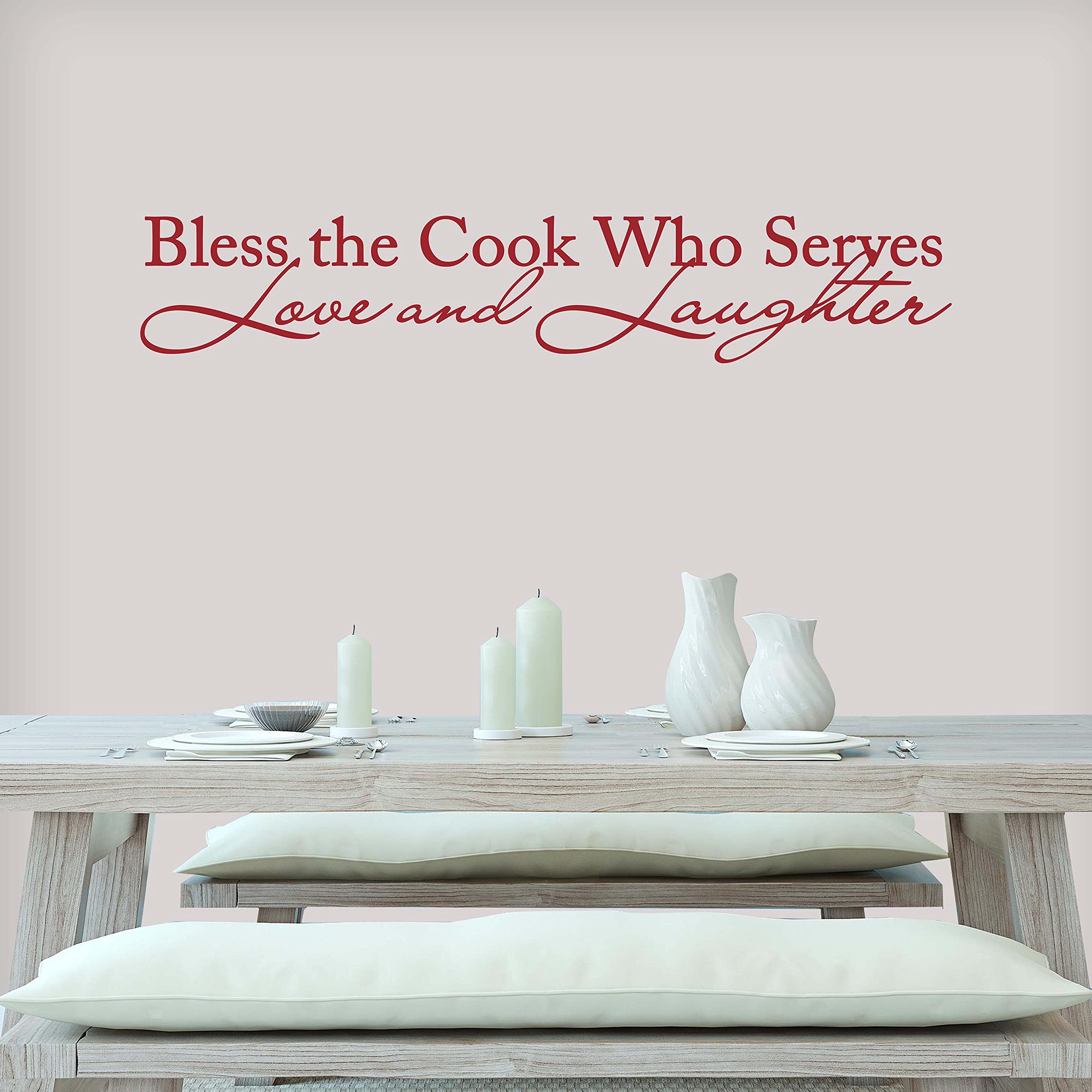 Vinyl Kitchen Wall Decal - 'Bless The Cook Who Serves Love and Laughter' Quote Sign | 22x4 Inches | Made in USA | Dark Red | Perfect for Farmhouse, Rustic & Modern Kitchen Decor