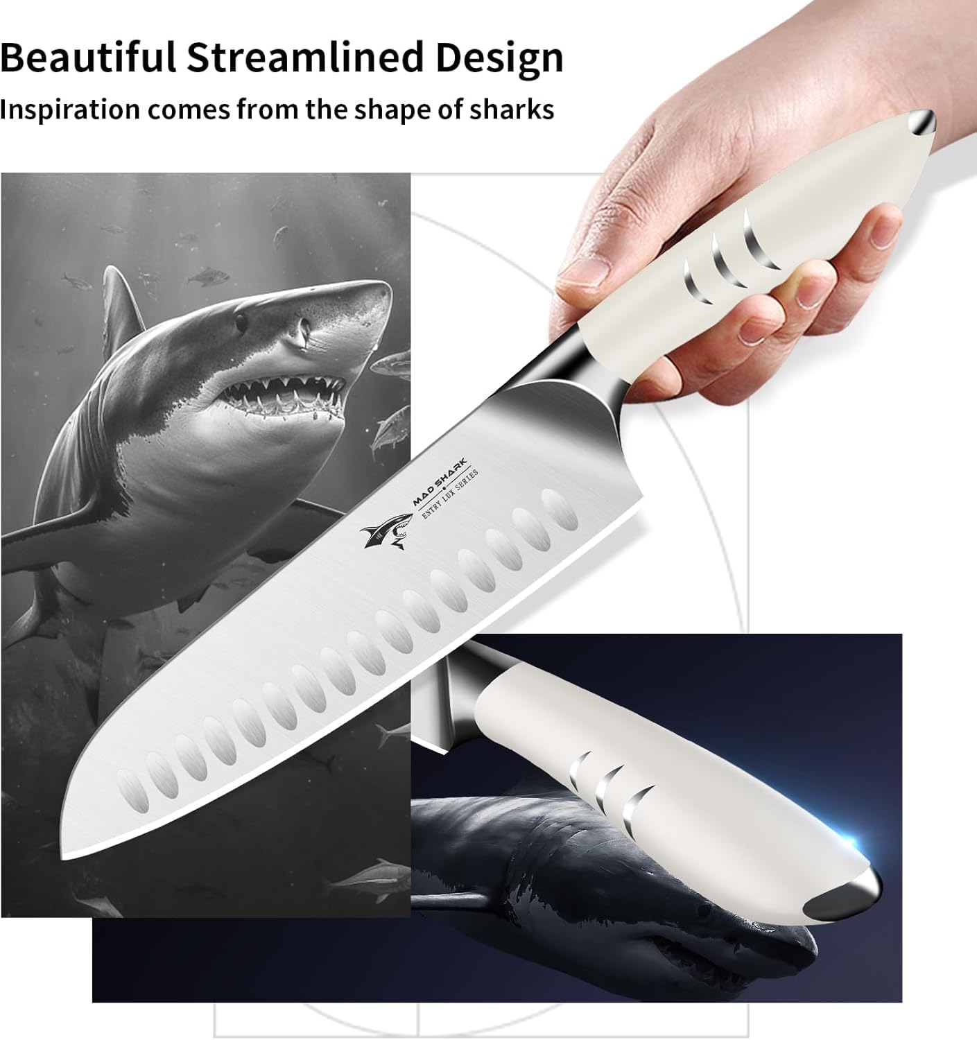 MAD SHARK 8 Inch Santoku Knife - Ultra Sharp Japanese Kitchen Knife with High Carbon German Steel & Ergonomic Handle - Perfect for Chopping, Slicing, and Dicing - Ideal Gift for Home Chefs and Cooking Enthusiasts