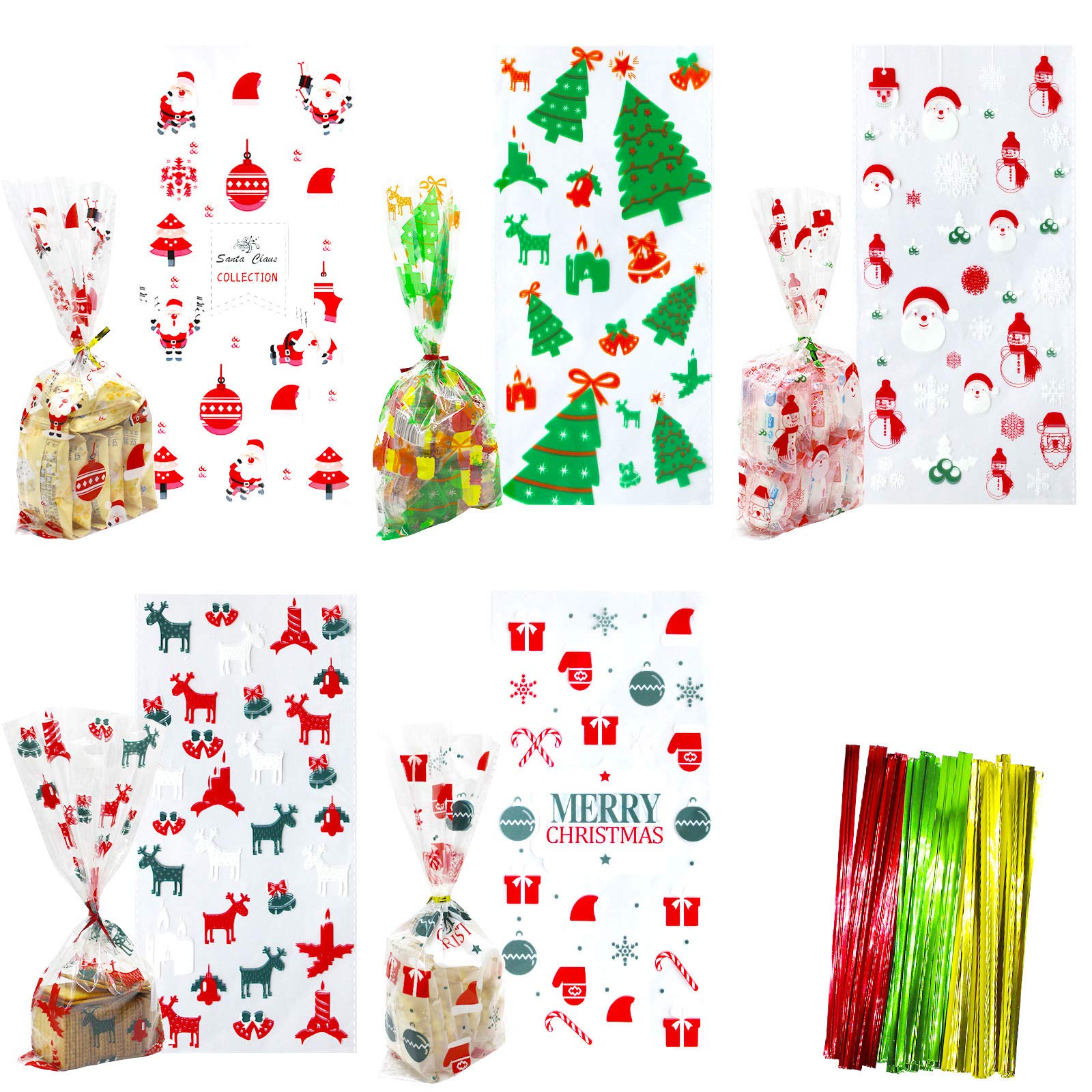 150 Pcs Christmas Cellophane Treat Bags with Twist Ties - Holiday Cookie Candy Bags for Christmas Party Favors, Gift Wrapping & Baking Supplies (Red/Green) - Perfect for Holiday Treats, Classroom Gifts & Cookie Exchanges