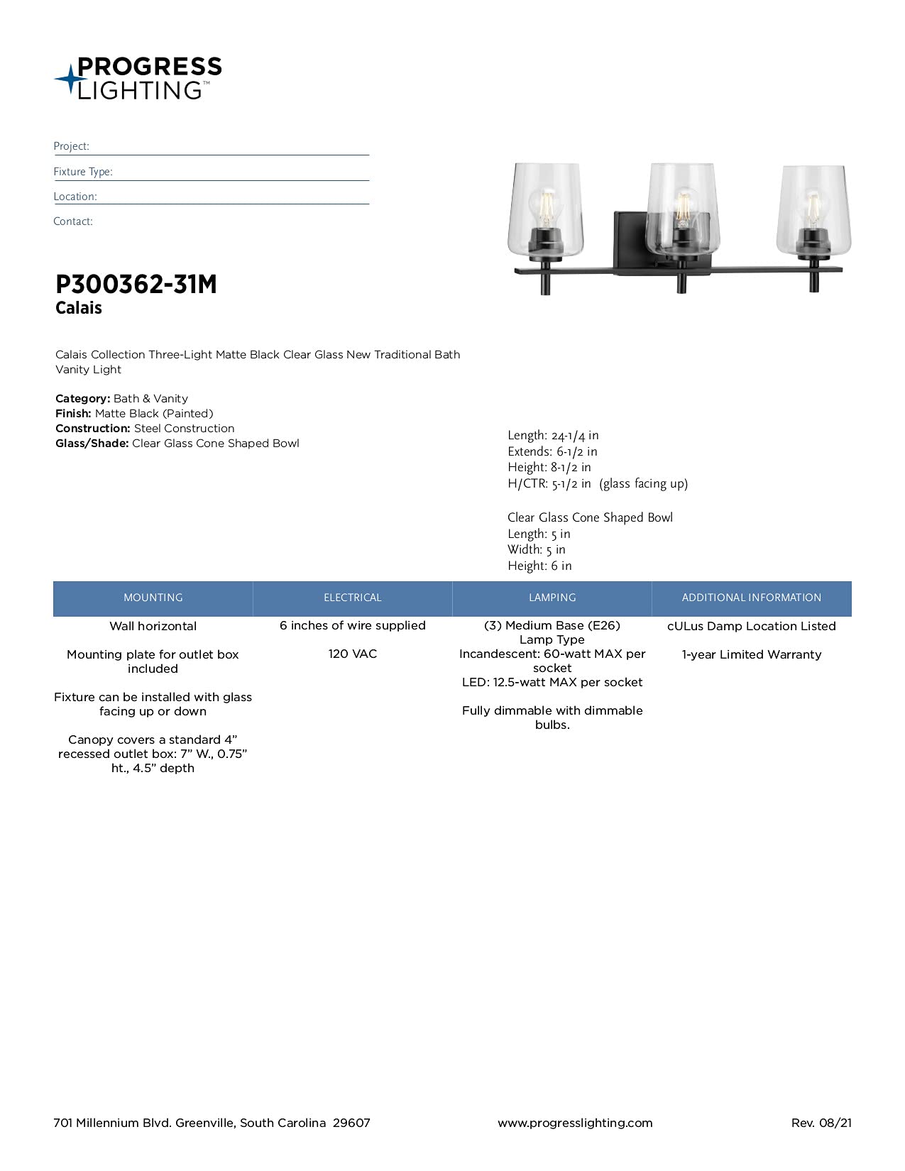 Progress Lighting P300362-31M Calais Bathroom Vanity Light Fixture - Modern Black Sconce for Bathroom Mirror & Vanity Area - Perfect for Home, Hotel, and Spa Decor